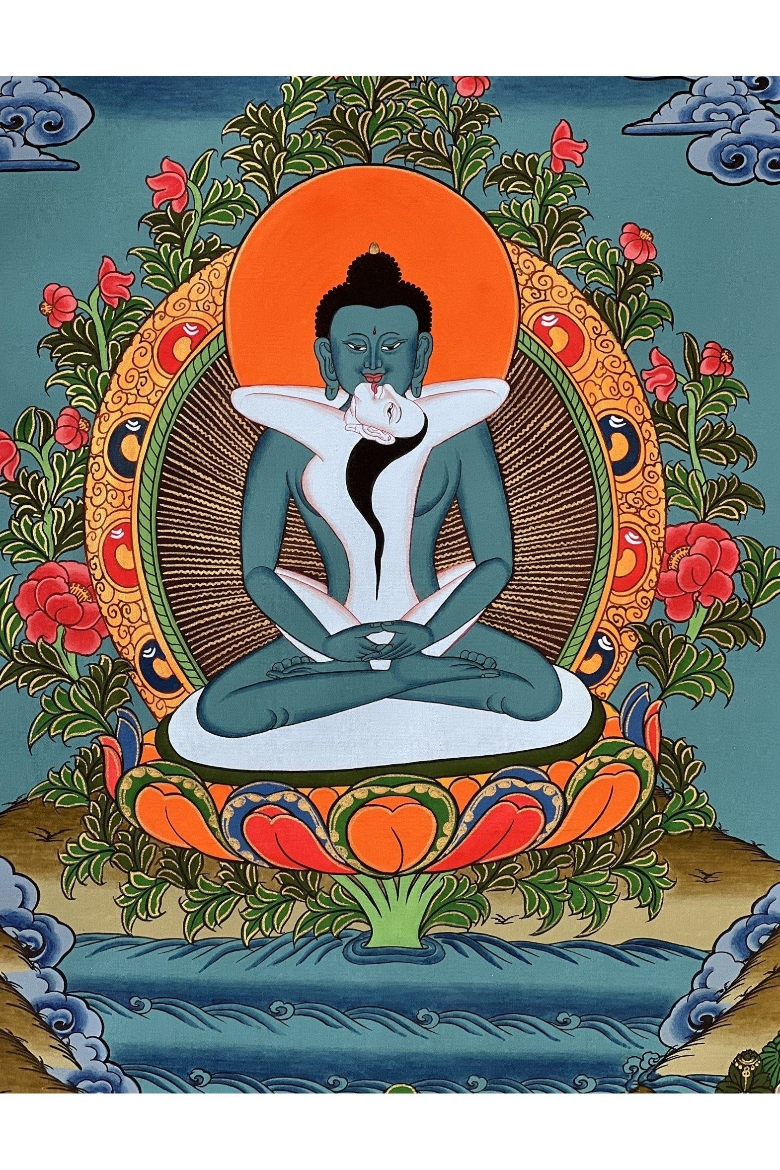 Bodhisattva Samantabhadra/ Buddha Shakti - Original Masterpiece Tibetan Thangka Painting for Enlightened Meditation and Spiritual Artistry - Tibetan Thangka Art