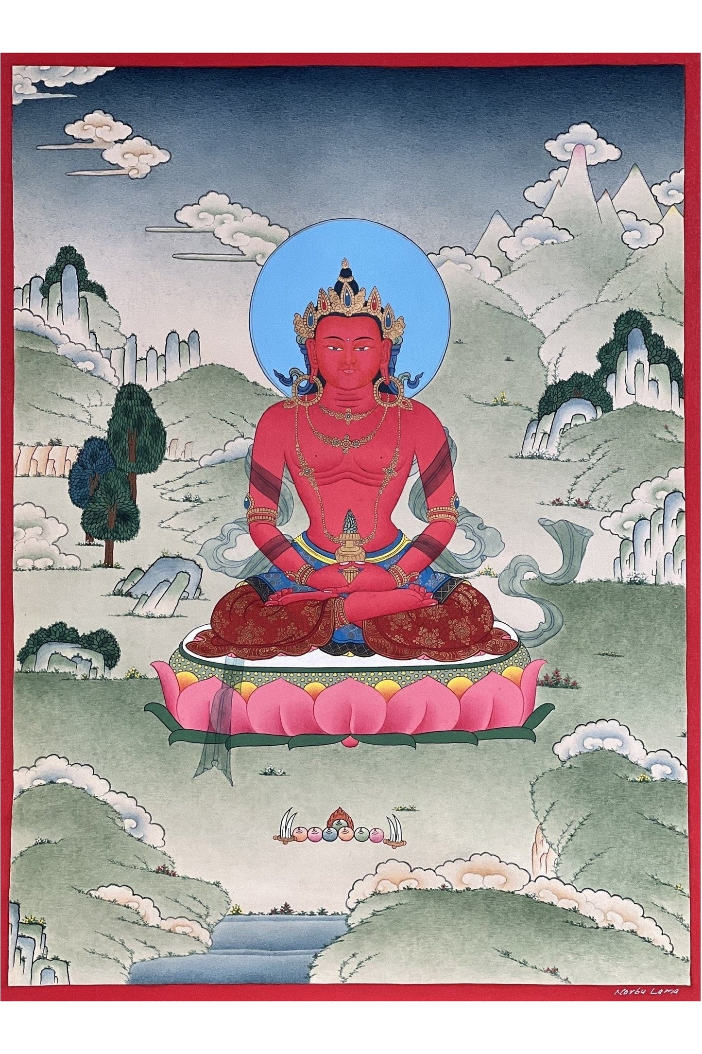 Buddha Amitayus/Aparamita Pure Land Buddha of Sukhavati / Eternal Life Original Masterpiece Tibetan Thangka Painting in Karma Gadri Style - Tibetan Thangka Art