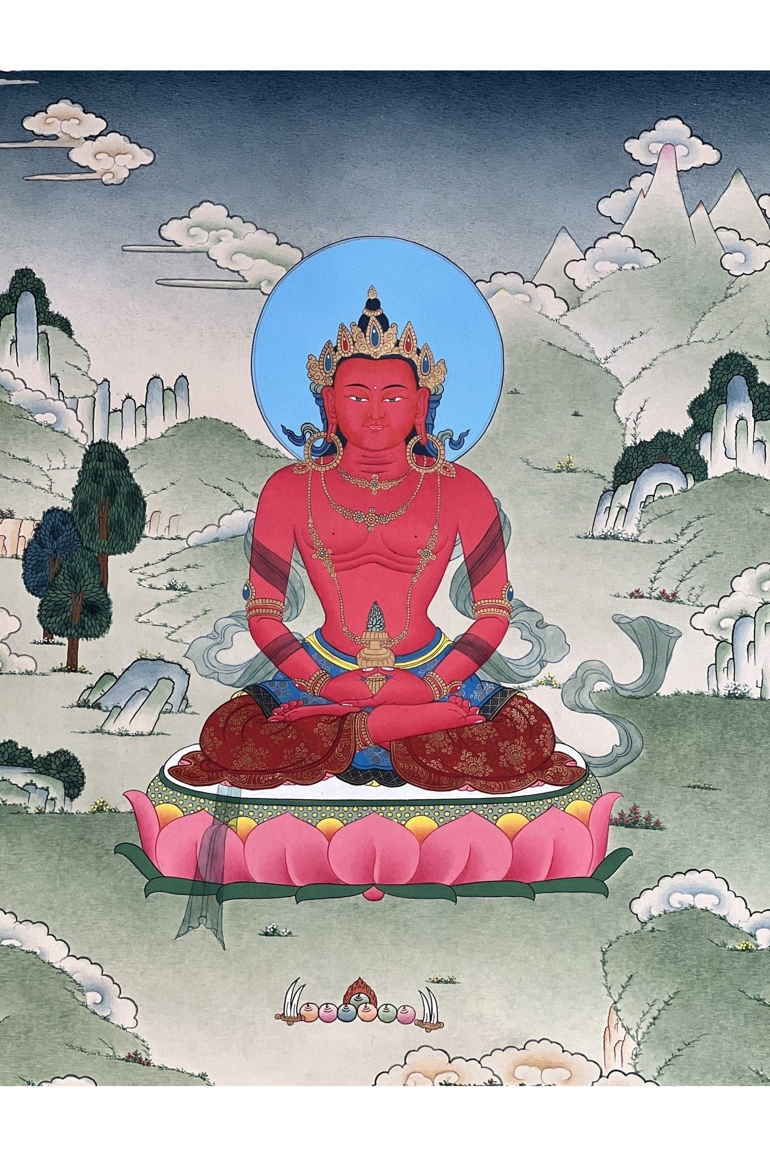 Buddha Amitayus/Aparamita Pure Land Buddha of Sukhavati / Eternal Life Original Masterpiece Tibetan Thangka Painting in Karma Gadri Style - Tibetan Thangka Art