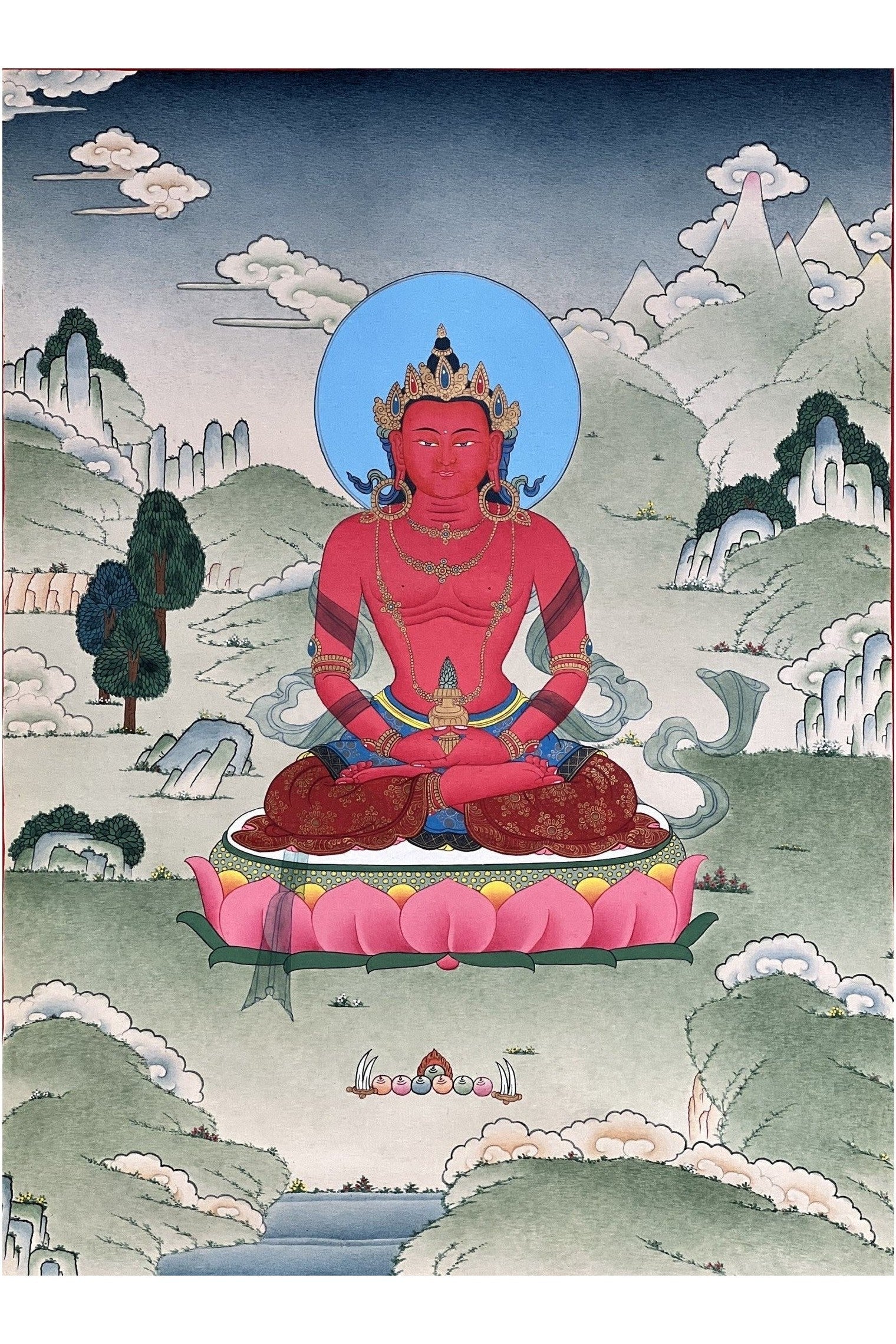 Buddha Amitayus/Aparamita Pure Land Buddha of Sukhavati / Eternal Life Original Masterpiece Tibetan Thangka Painting in Karma Gadri Style - Tibetan Thangka Art
