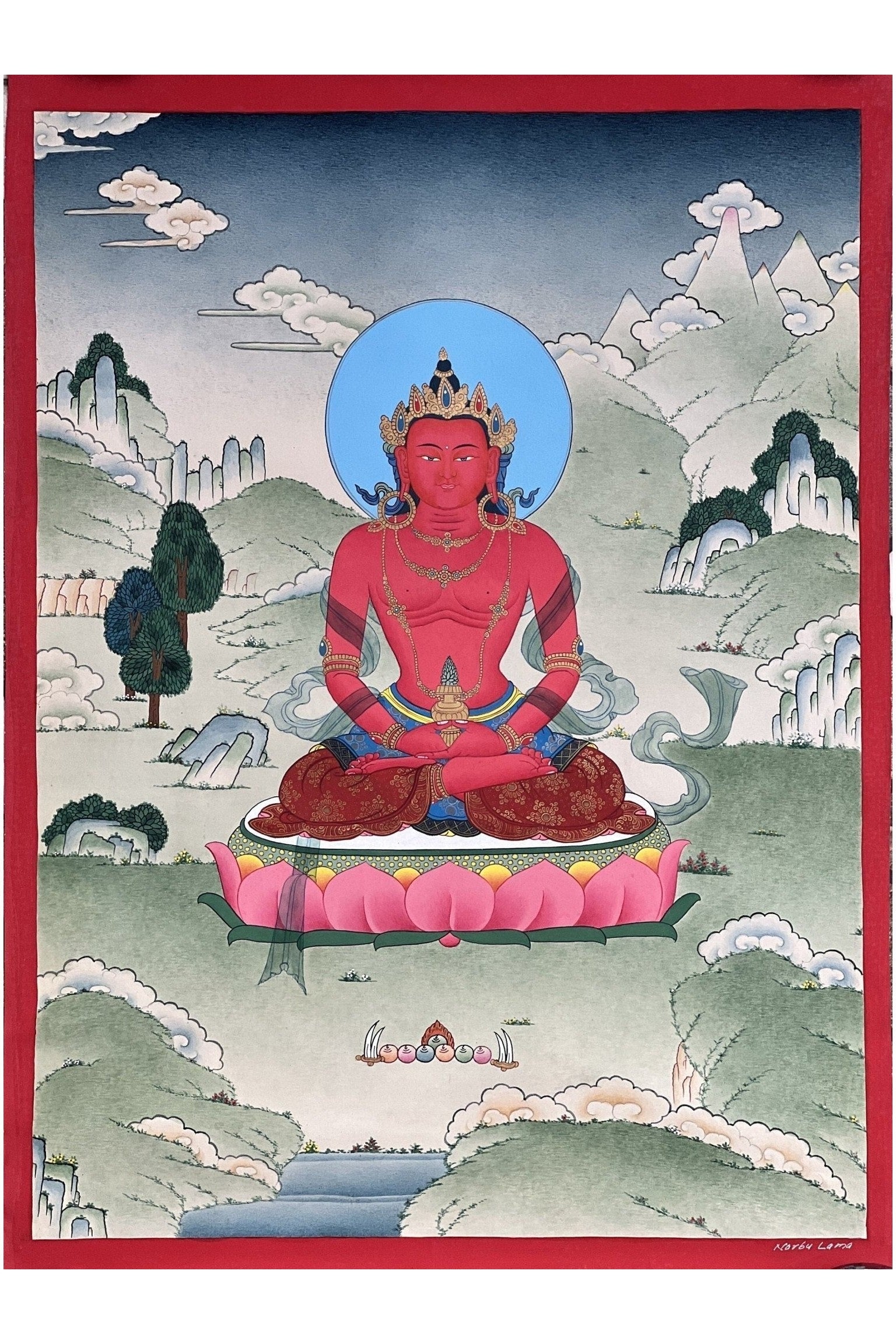 Buddha Amitayus/Aparamita Pure Land Buddha of Sukhavati / Eternal Life Original Masterpiece Tibetan Thangka Painting in Karma Gadri Style - Tibetan Thangka Art