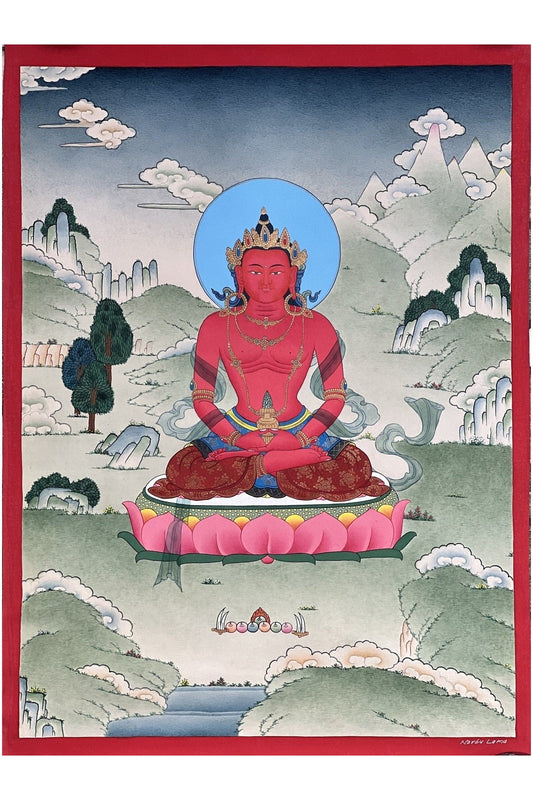 Buddha Amitayus/Aparamita Pure Land Buddha of Sukhavati / Eternal Life Original Masterpiece Tibetan Thangka Painting in Karma Gadri Style - Tibetan Thangka Art