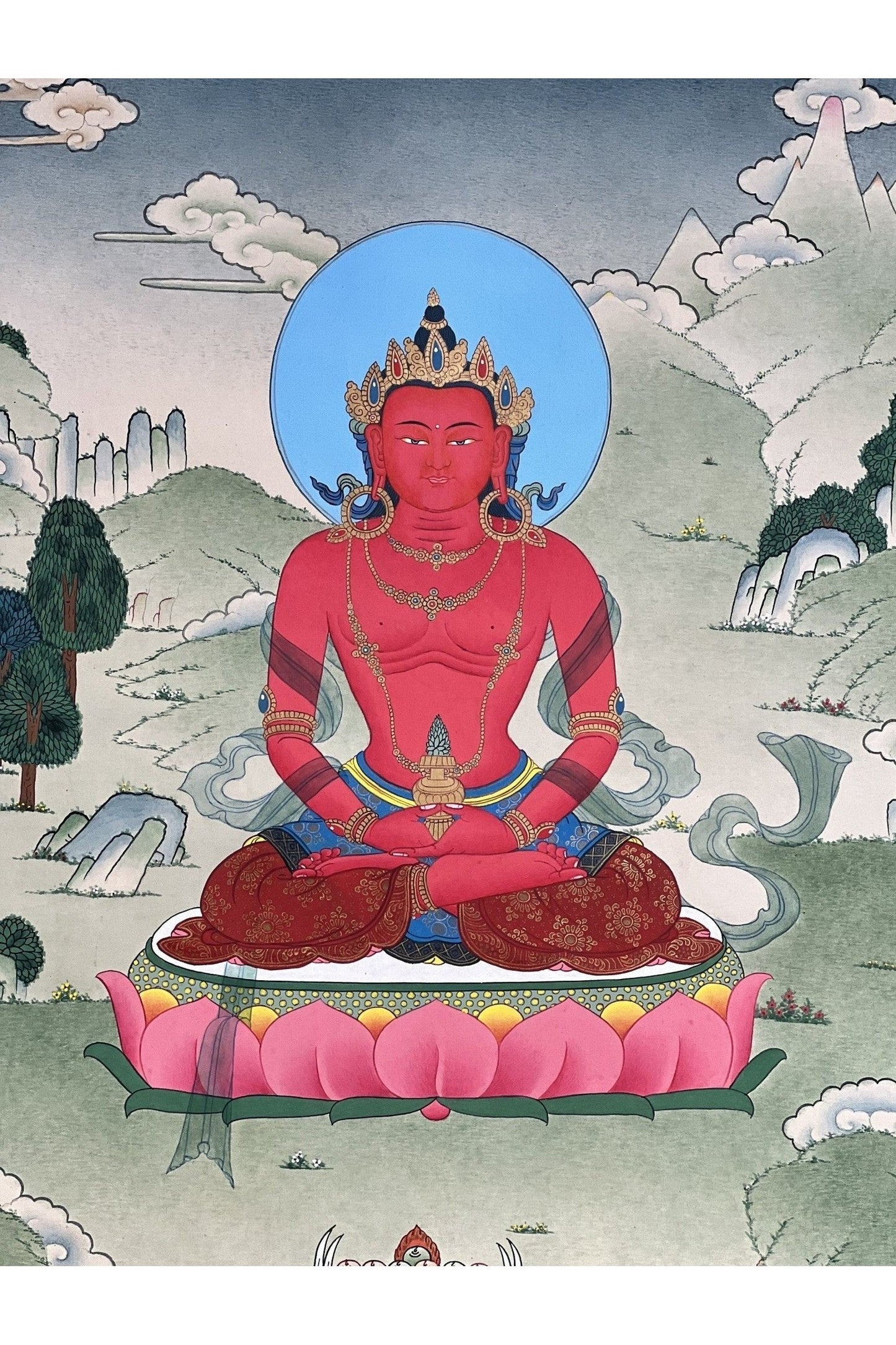 Buddha Amitayus/Aparamita Pure Land Buddha of Sukhavati / Eternal Life Original Masterpiece Tibetan Thangka Painting in Karma Gadri Style - Tibetan Thangka Art