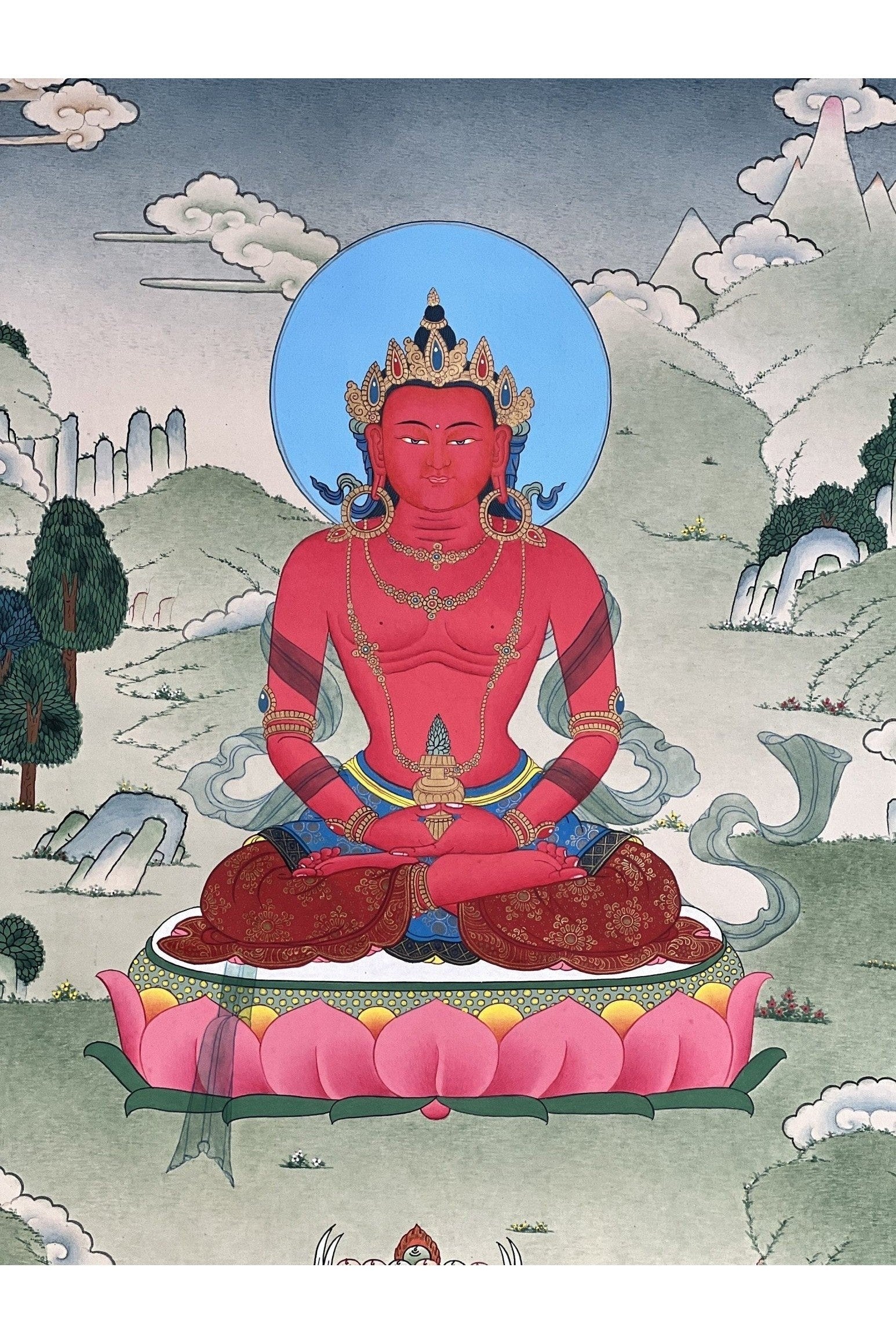 Buddha Amitayus/Aparamita Pure Land Buddha of Sukhavati / Eternal Life Original Masterpiece Tibetan Thangka Painting in Karma Gadri Style - Tibetan Thangka Art