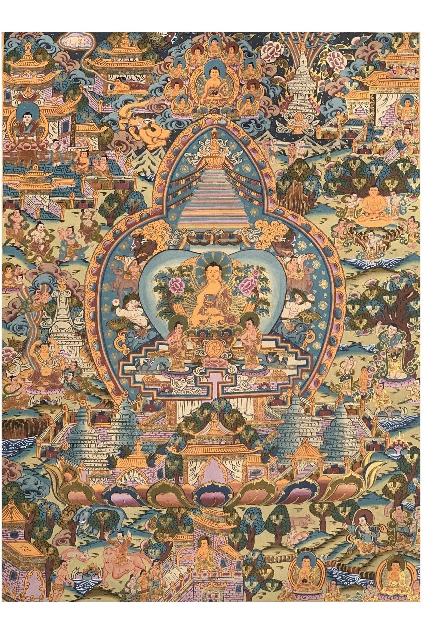 Buddha Life, Bhavacakra Wheel of Life Mandala Master Quality Gold Thangka Painting, Original Art 15 x 20 - Inch - Tibetan Thangka Art