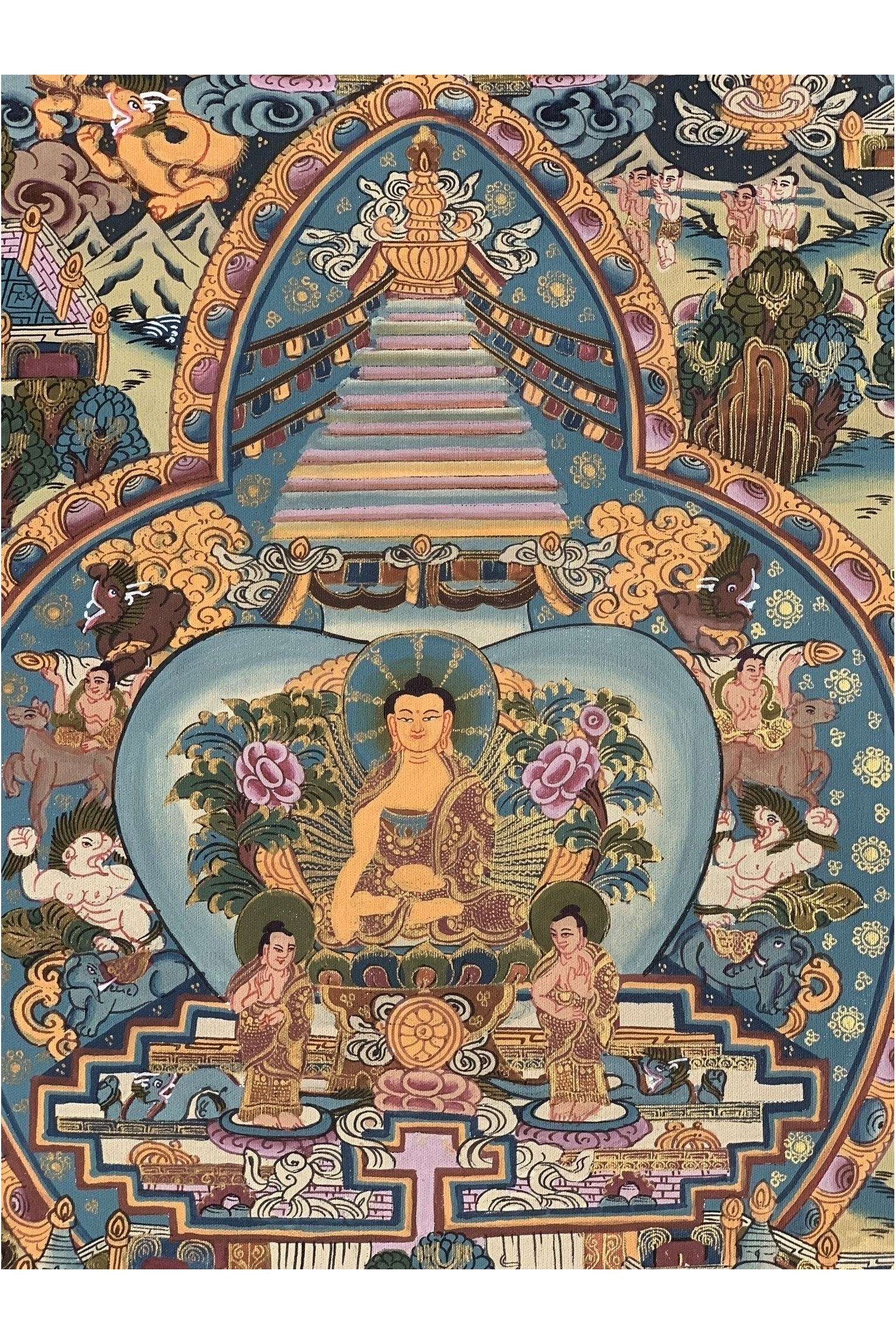 Buddha Life, Bhavacakra Wheel of Life Mandala Master Quality Gold Thangka Painting, Original Art 15 x 20 - Inch - Tibetan Thangka Art
