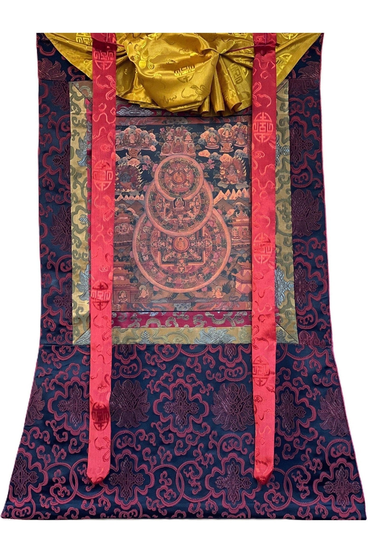 Buddha Life Bhavachakra Mandala Old Oil Varnished Tibetan Thangka Painting, Original Art/ Hand Painting with Silk Brocade - Tibetan Thangka Art
