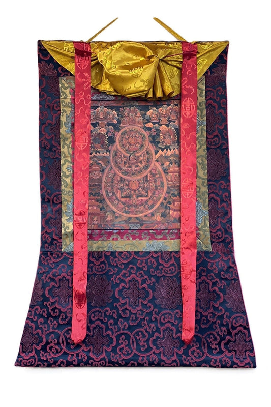 Buddha Life Bhavachakra Mandala Old Oil Varnished Tibetan Thangka Painting, Original Art/ Hand Painting with Silk Brocade - Tibetan Thangka Art