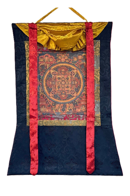Buddha Life Bhavachakra Mandala Old Oil Varnished Tibetan Thangka Painting, Original Art with Silk Brocade - Tibetan Thangka Art