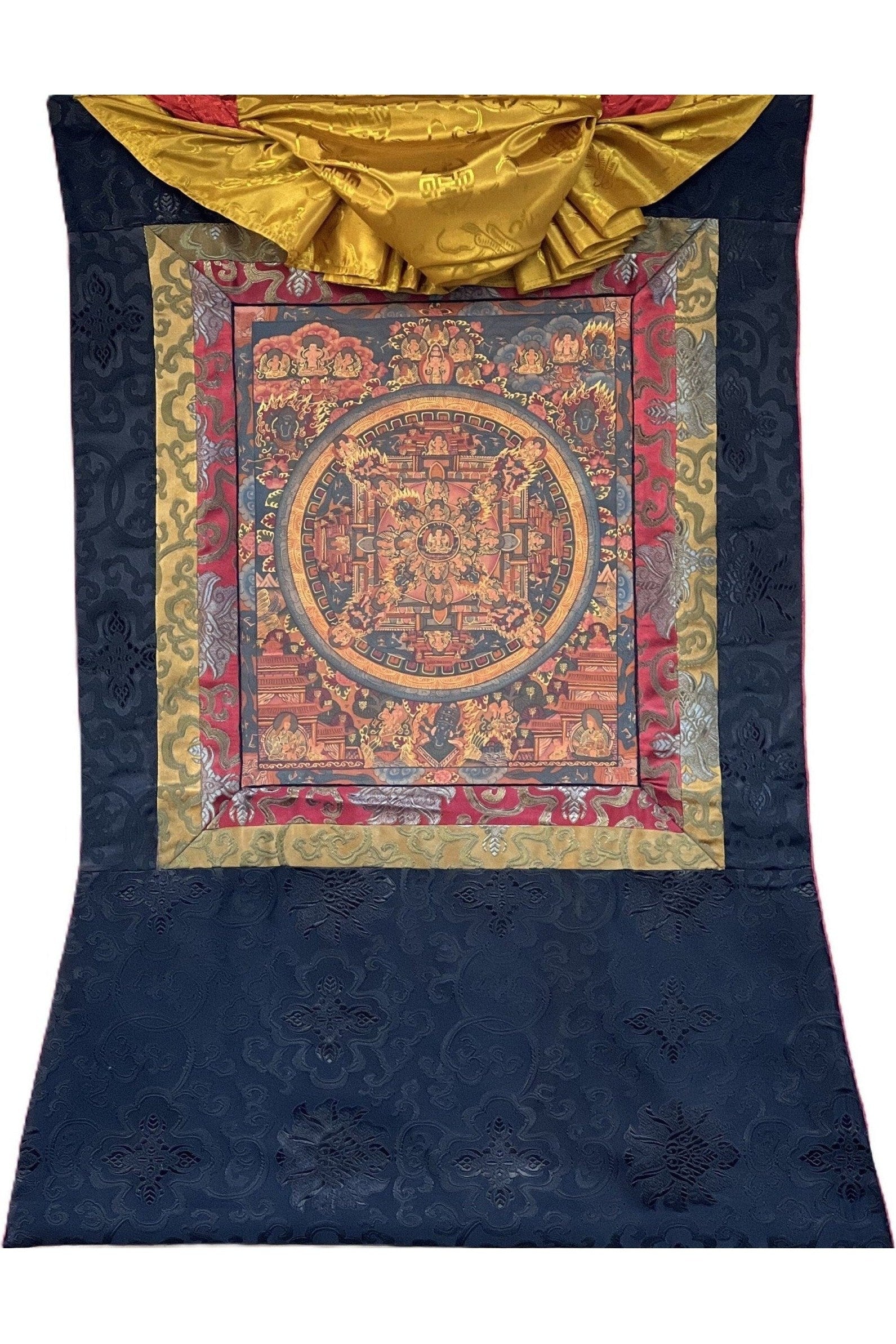 Buddha Life Bhavachakra Mandala Old Oil Varnished Tibetan Thangka Painting, Original Art with Silk Brocade - Tibetan Thangka Art