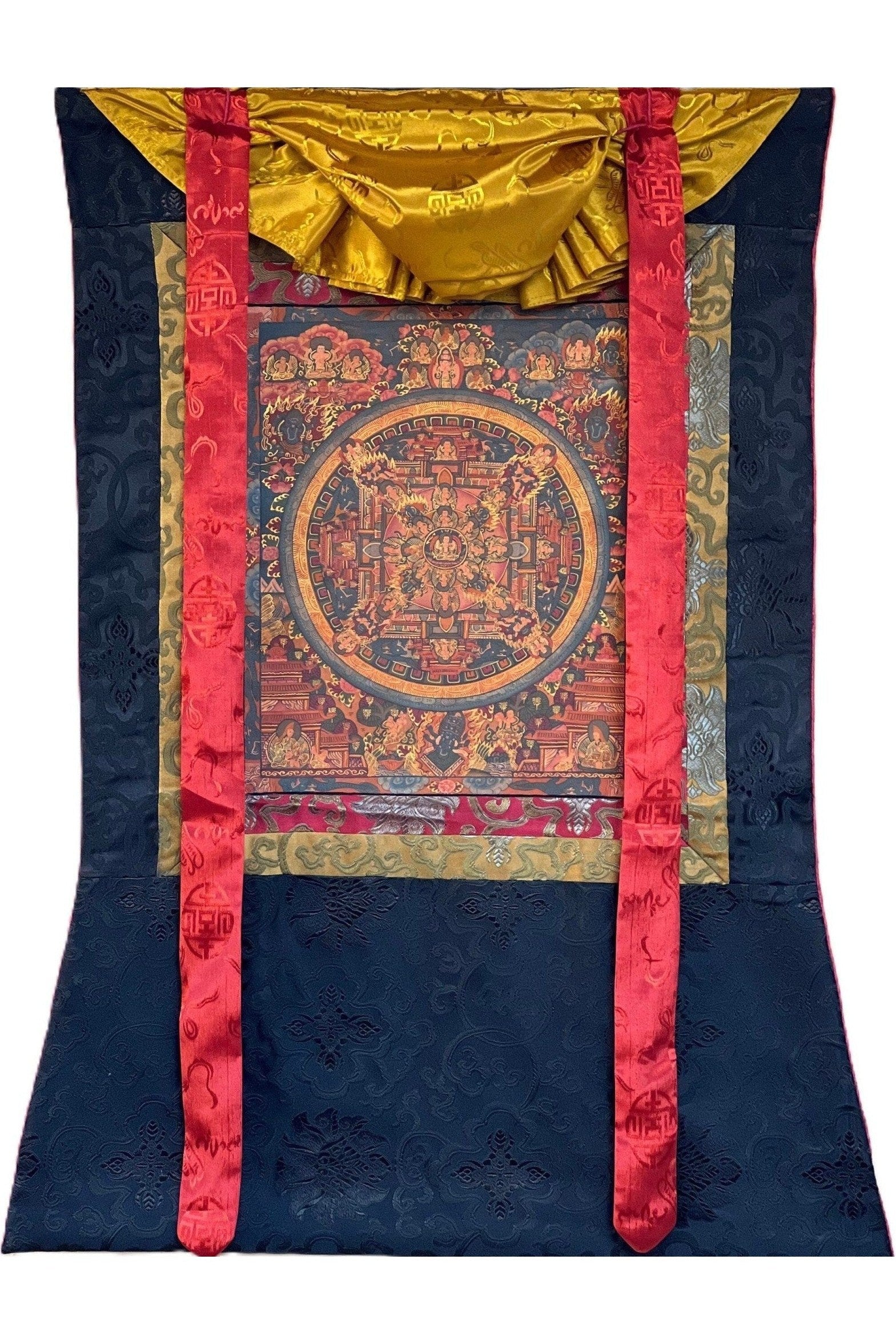 Buddha Life Bhavachakra Mandala Old Oil Varnished Tibetan Thangka Painting, Original Art with Silk Brocade - Tibetan Thangka Art