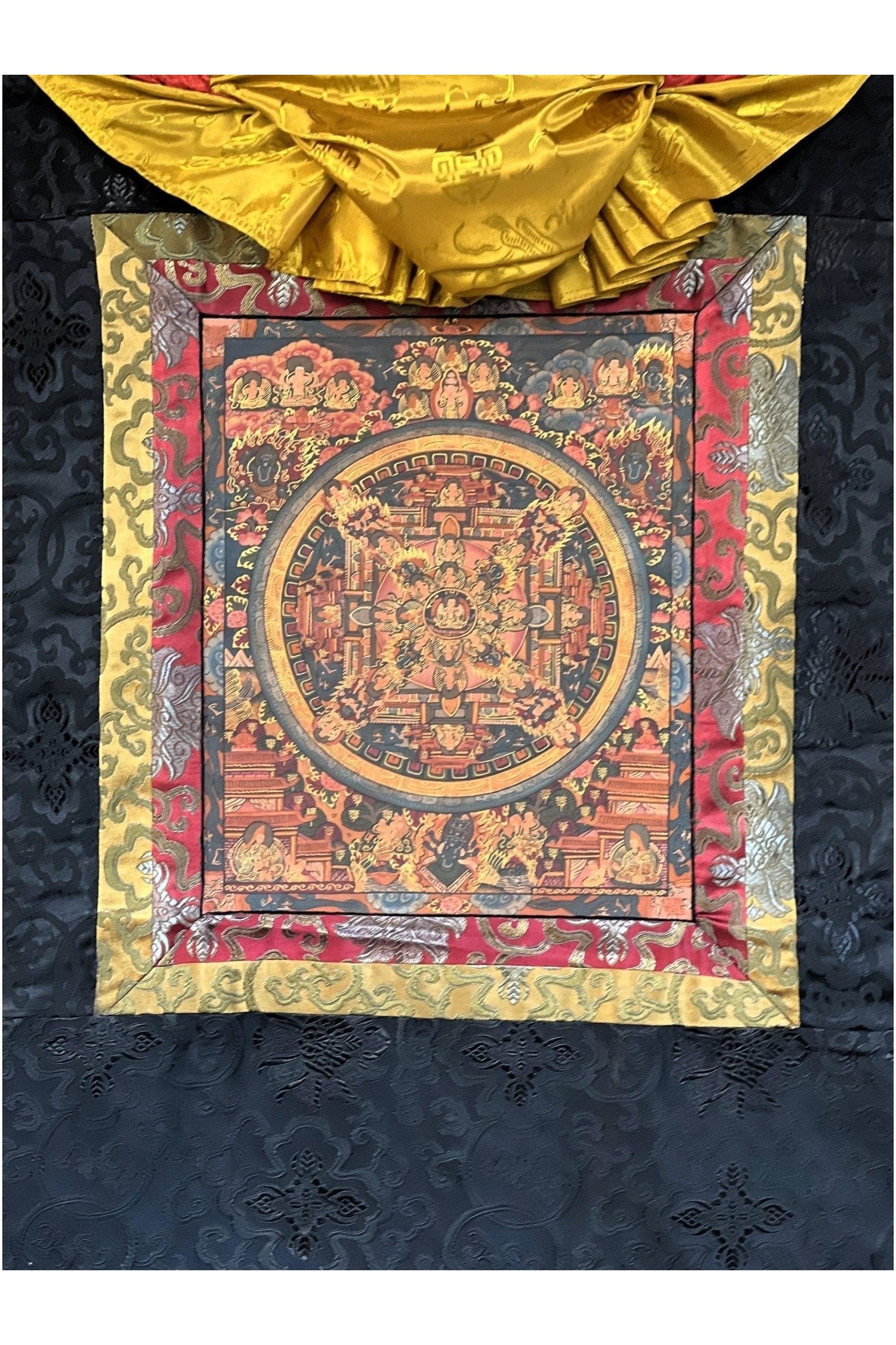 Buddha Life Bhavachakra Mandala Old Oil Varnished Tibetan Thangka Painting, Original Art with Silk Brocade - Tibetan Thangka Art