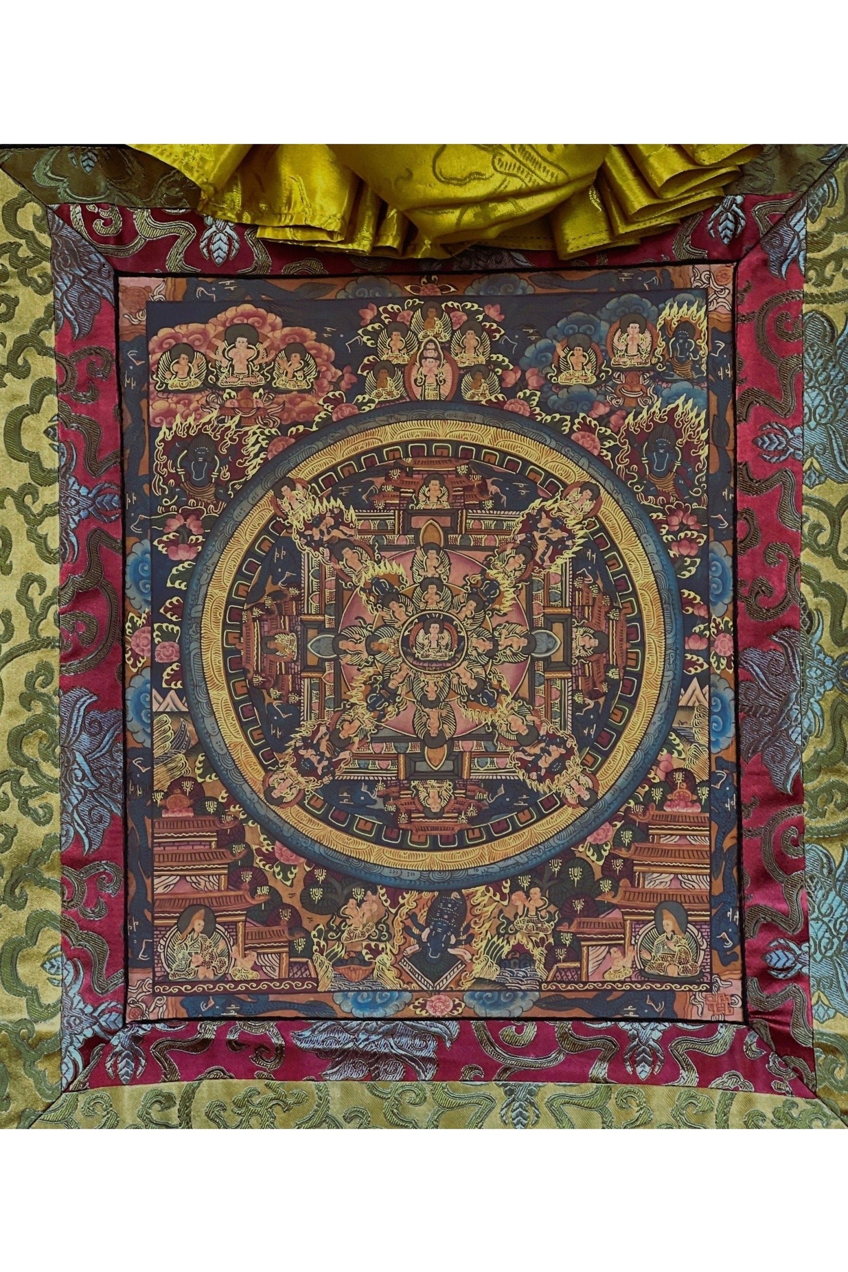 Buddha Life Bhavachakra Mandala Old Oil Varnished Tibetan Thangka Painting, Original Art with Silk Brocade - Tibetan Thangka Art