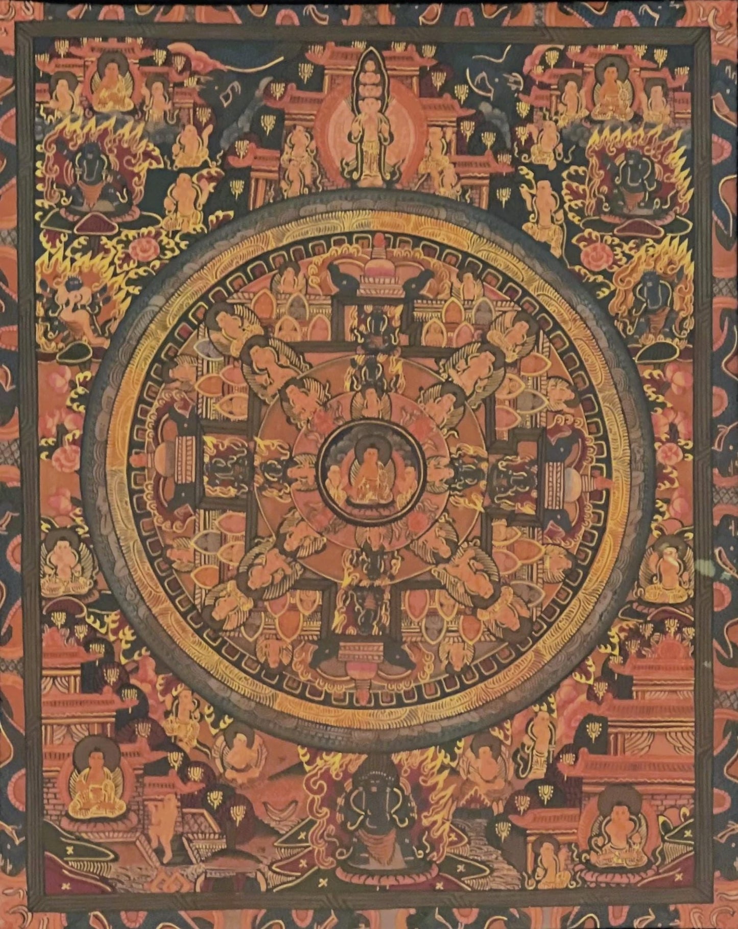 Buddha Life Big Circle Mandala Old Old Varnished Original Tibetan Thangka/Thanka Painting Meditation Art with Cotton Brocade - Tibetan Thangka Art
