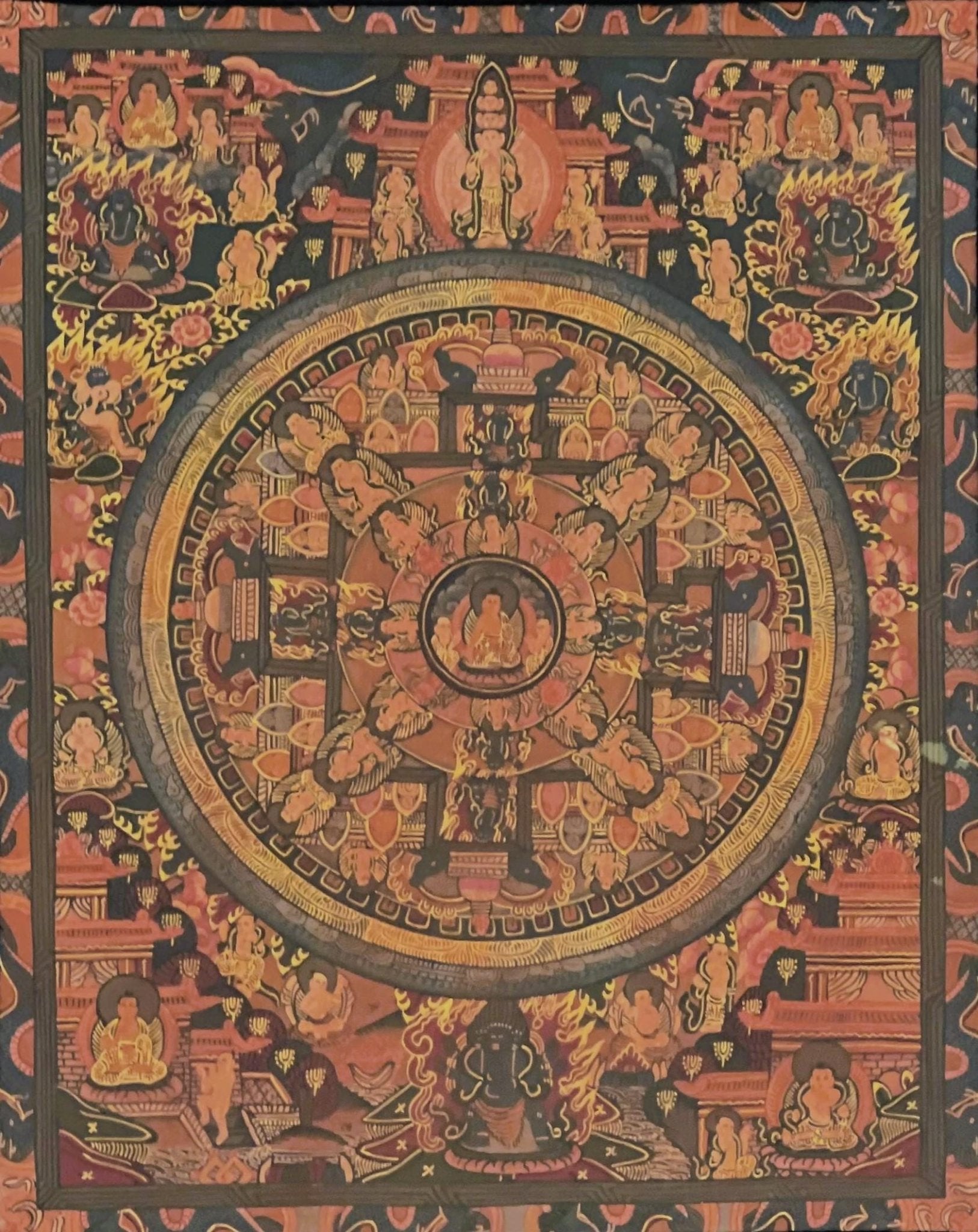 Buddha Life Big Circle Mandala Old Old Varnished Original Tibetan Thangka/Thanka Painting Meditation Art with Cotton Brocade - Tibetan Thangka Art