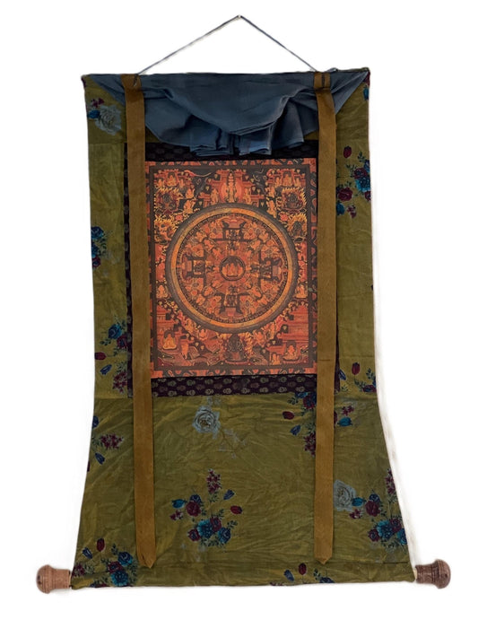 Buddha Life Big Circle Mandala Old Old Varnished Original Tibetan Thangka/Thanka Painting Meditation Art with Cotton Brocade - Tibetan Thangka Art