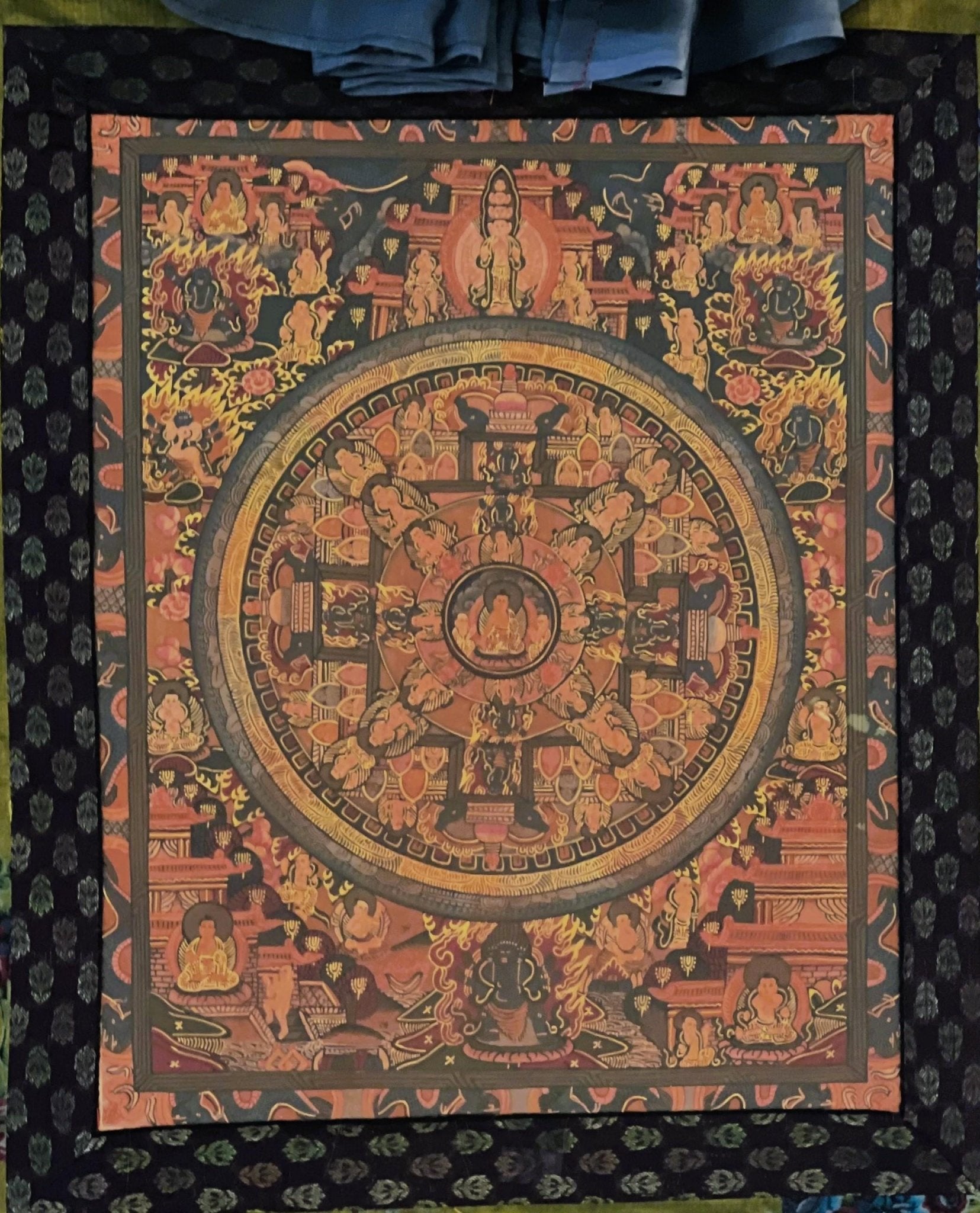 Buddha Life Big Circle Mandala Old Old Varnished Original Tibetan Thangka/Thanka Painting Meditation Art with Cotton Brocade - Tibetan Thangka Art