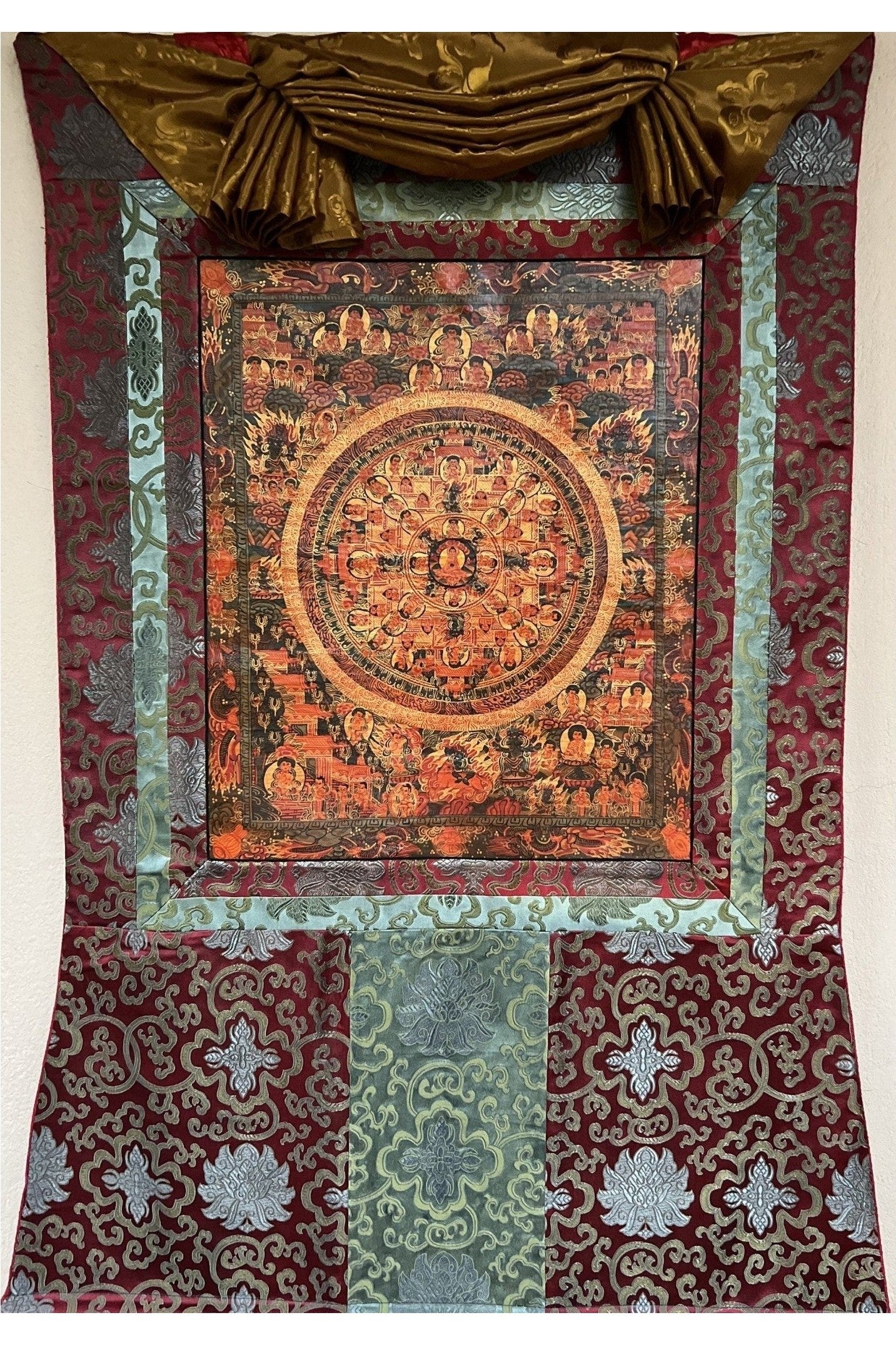 Buddha Life/ Wheel of Life/ Bhavachakra Mandala Old Oil Varnished Tibetan Thangka Painting Original Art with Silk Brocade - Tibetan Thangka Art