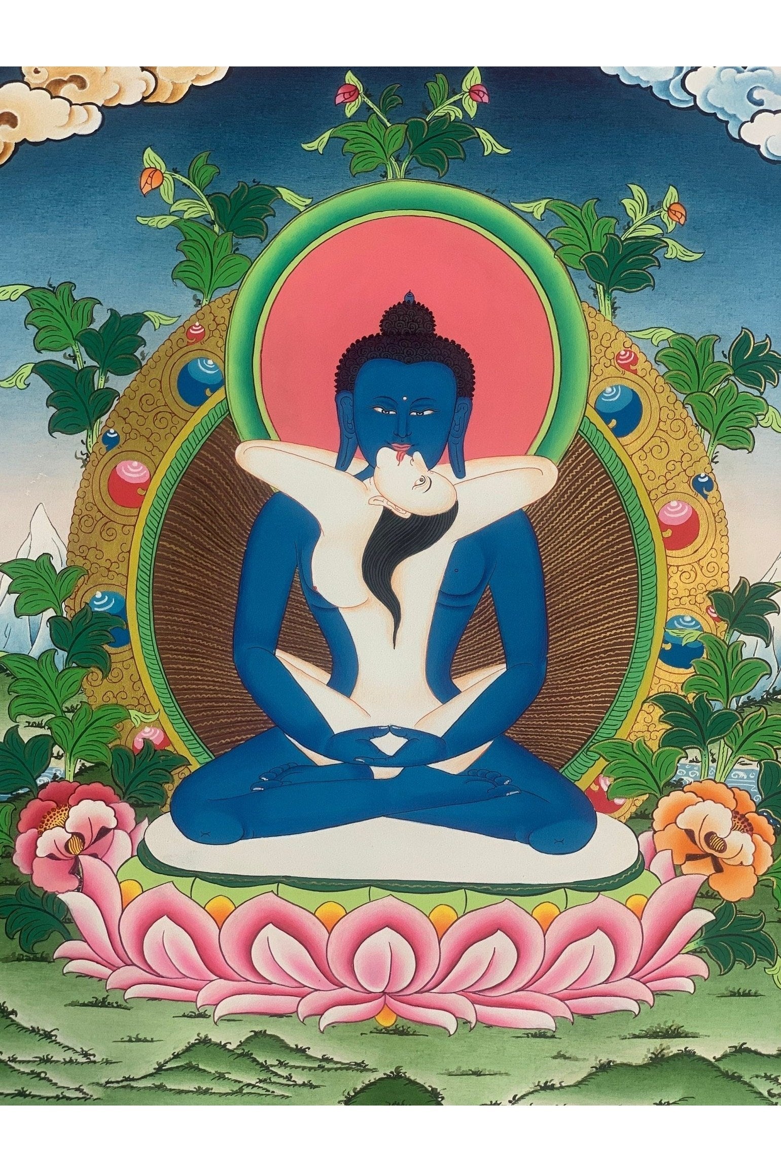 Buddha Shakti, Bodhisattva Samantabhadra , Master Quality, Tibetan Thangka Painting, Original Art 18 x 24 Inch - Tibetan Thangka Art