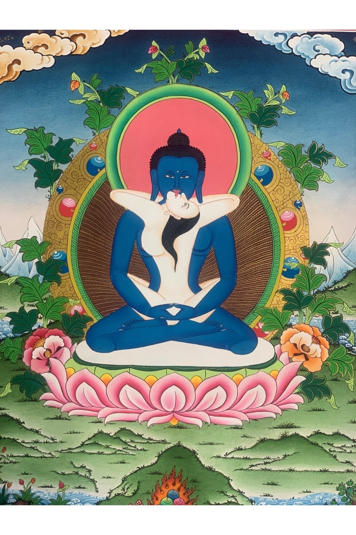 Buddha Shakti, Bodhisattva Samantabhadra , Master Quality, Tibetan Thangka Painting, Original Art 18 x 24 Inch - Tibetan Thangka Art