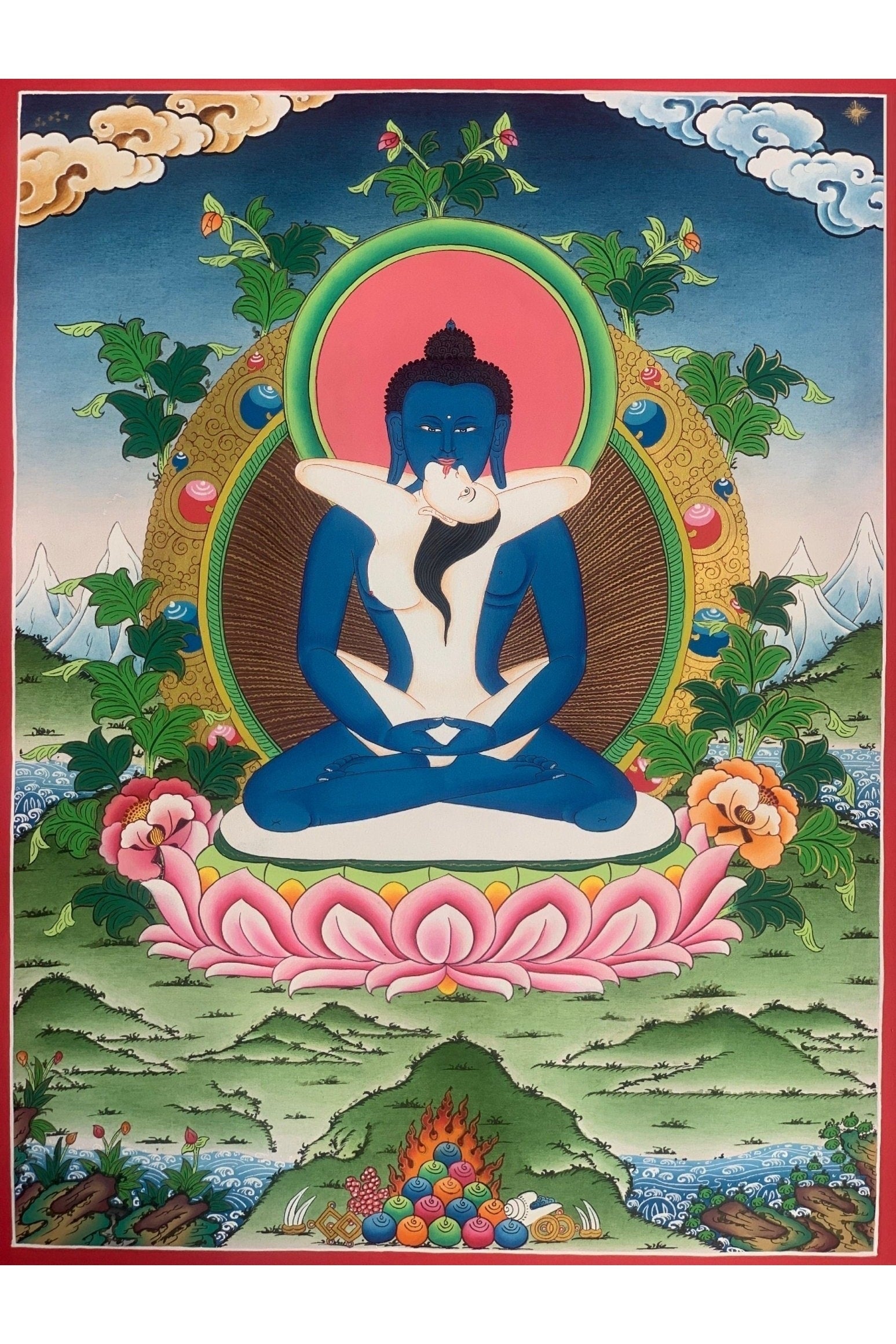 Buddha Shakti, Bodhisattva Samantabhadra , Master Quality, Tibetan Thangka Painting, Original Art 18 x 24 Inch - Tibetan Thangka Art