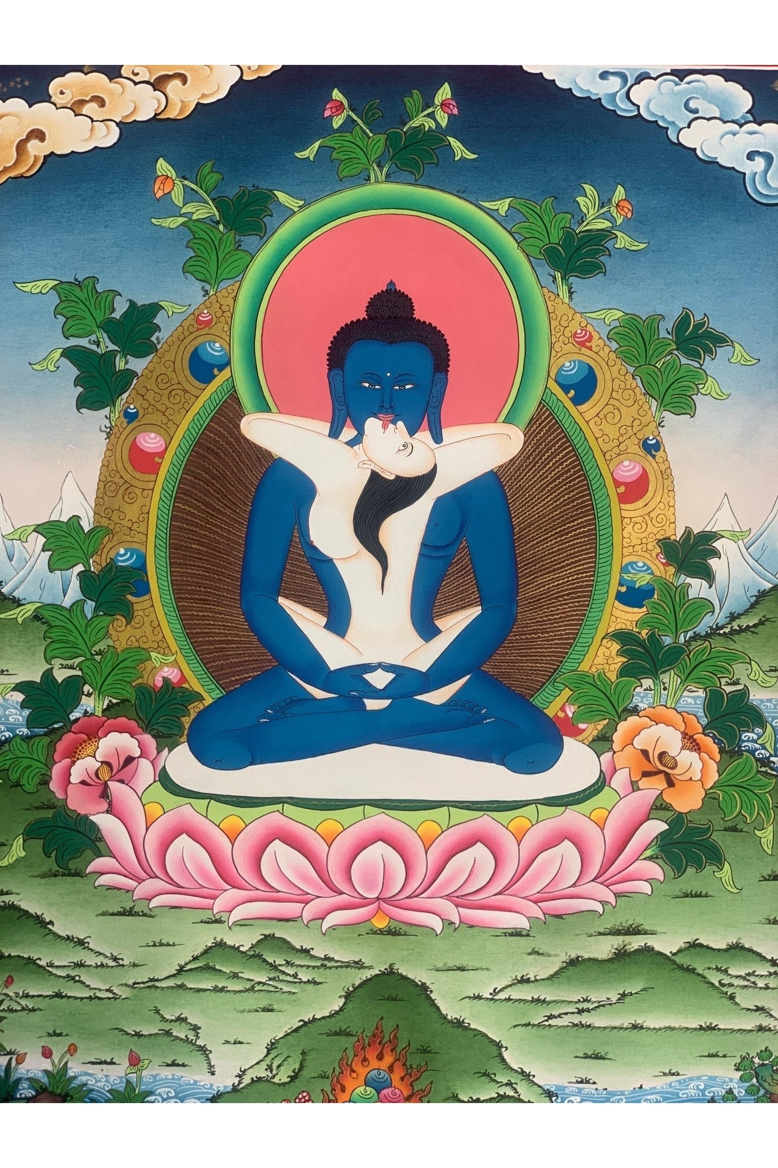 Buddha Shakti, Bodhisattva Samantabhadra , Master Quality, Tibetan Thangka Painting, Original Art 18 x 24 Inch - Tibetan Thangka Art