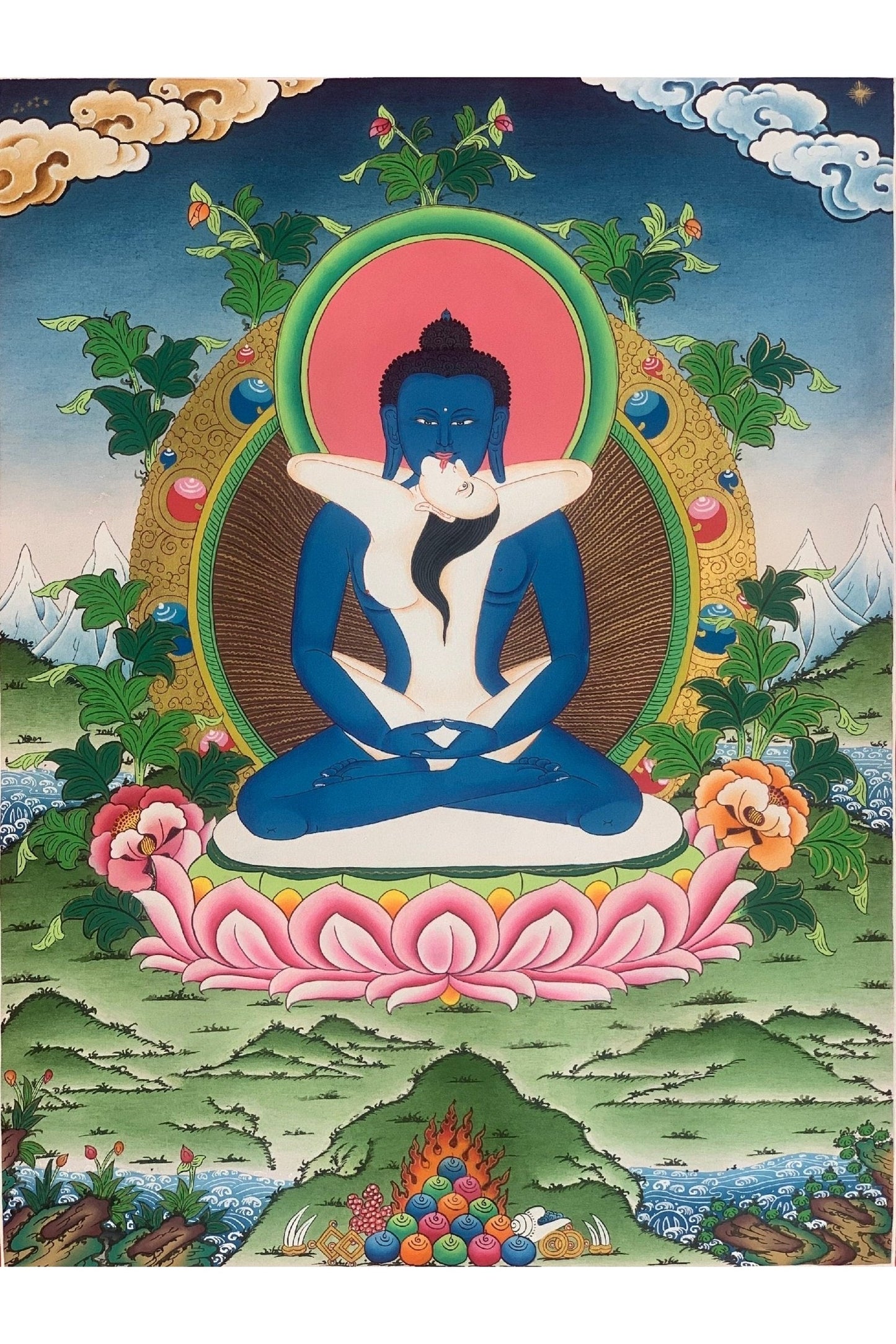 Buddha Shakti, Bodhisattva Samantabhadra , Master Quality, Tibetan Thangka Painting, Original Art 18 x 24 Inch - Tibetan Thangka Art