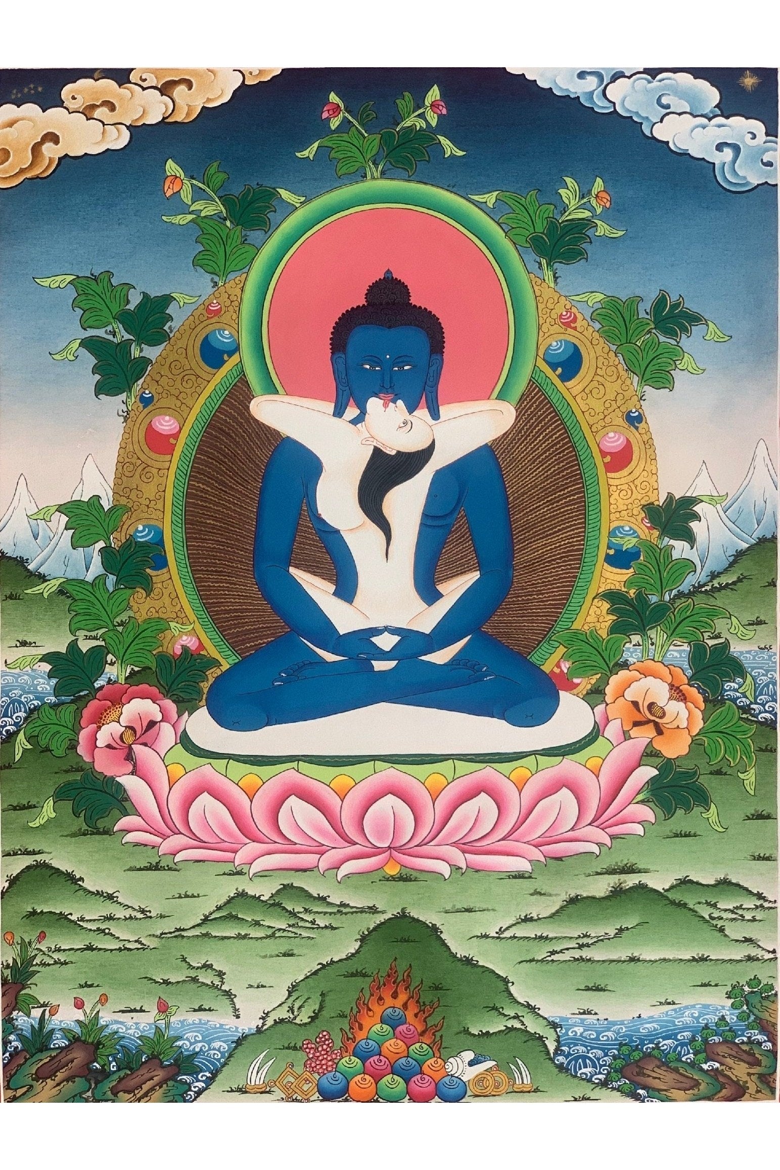 Buddha Shakti, Bodhisattva Samantabhadra , Master Quality, Tibetan Thangka Painting, Original Art 18 x 24 Inch - Tibetan Thangka Art