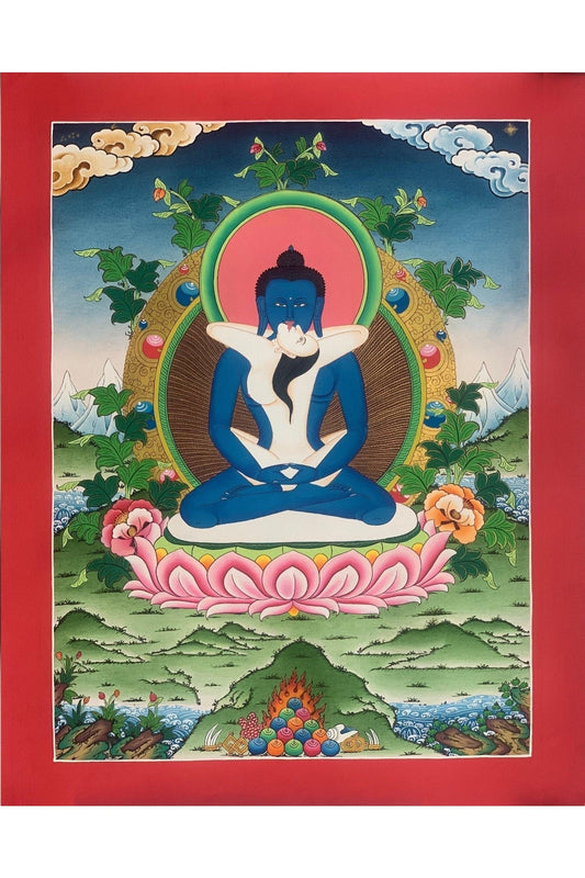 Buddha Shakti, Bodhisattva Samantabhadra , Master Quality, Tibetan Thangka Painting, Original Art 18 x 24 Inch - Tibetan Thangka Art