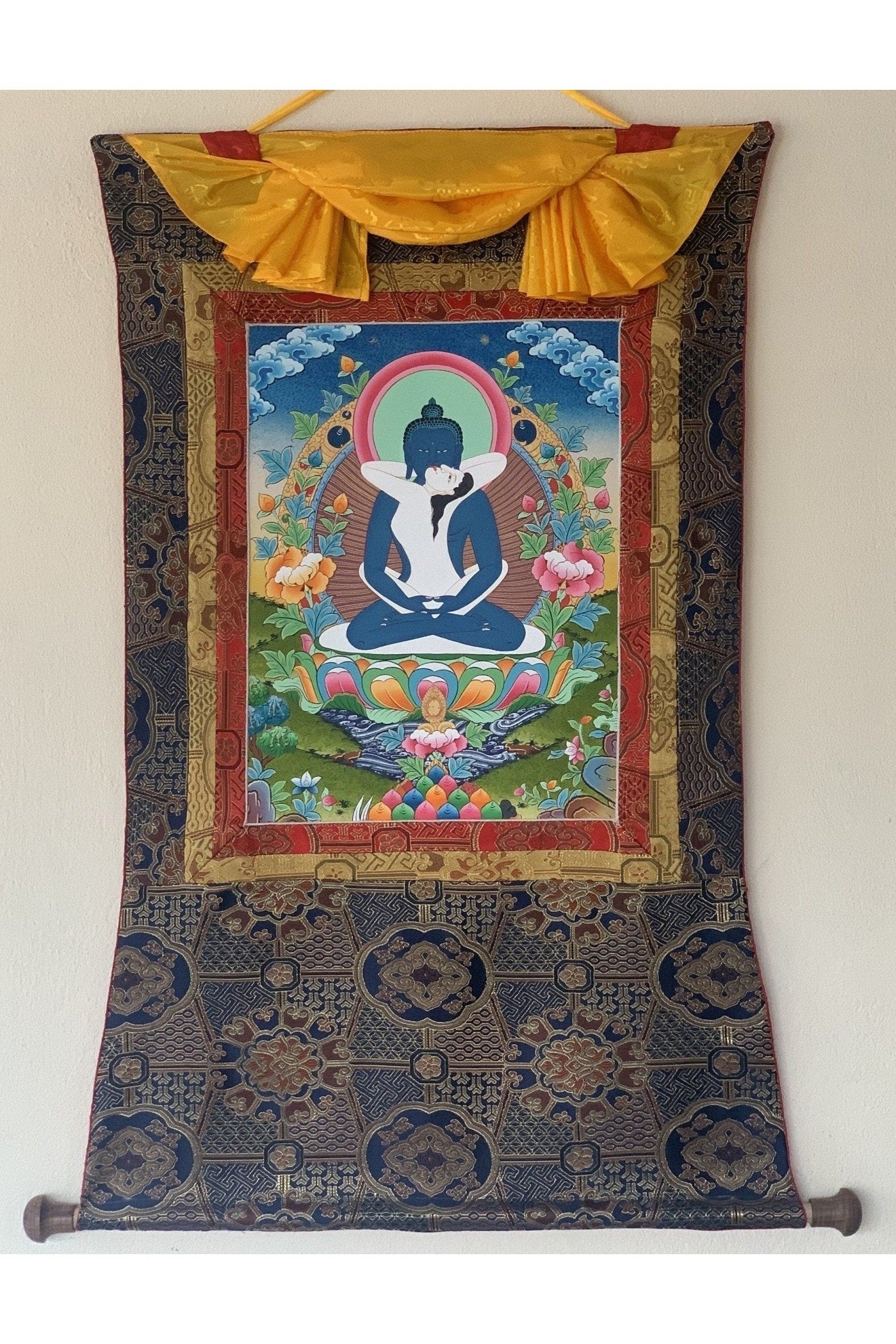 Buddha Shakti/ Bodhisattva Samantabhadra Masterpiece Tibetan Thangka Painting, Original Art with Premium Silk Brocade - Tibetan Thangka Art