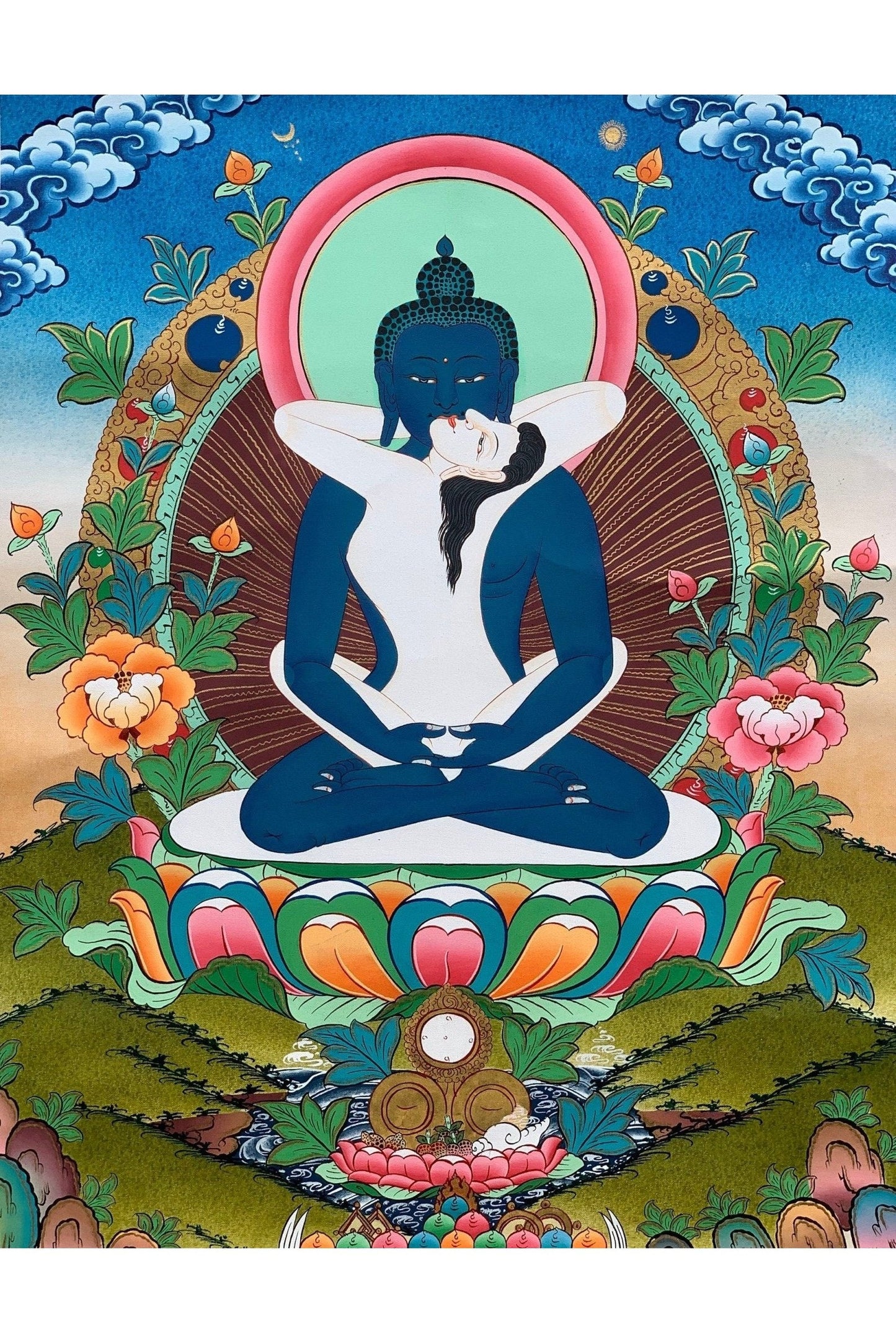 Buddha Shakti/ Bodhisattva Samantabhadra Masterpiece Tibetan Thangka Painting, Original Art with Premium Silk Brocade - Tibetan Thangka Art