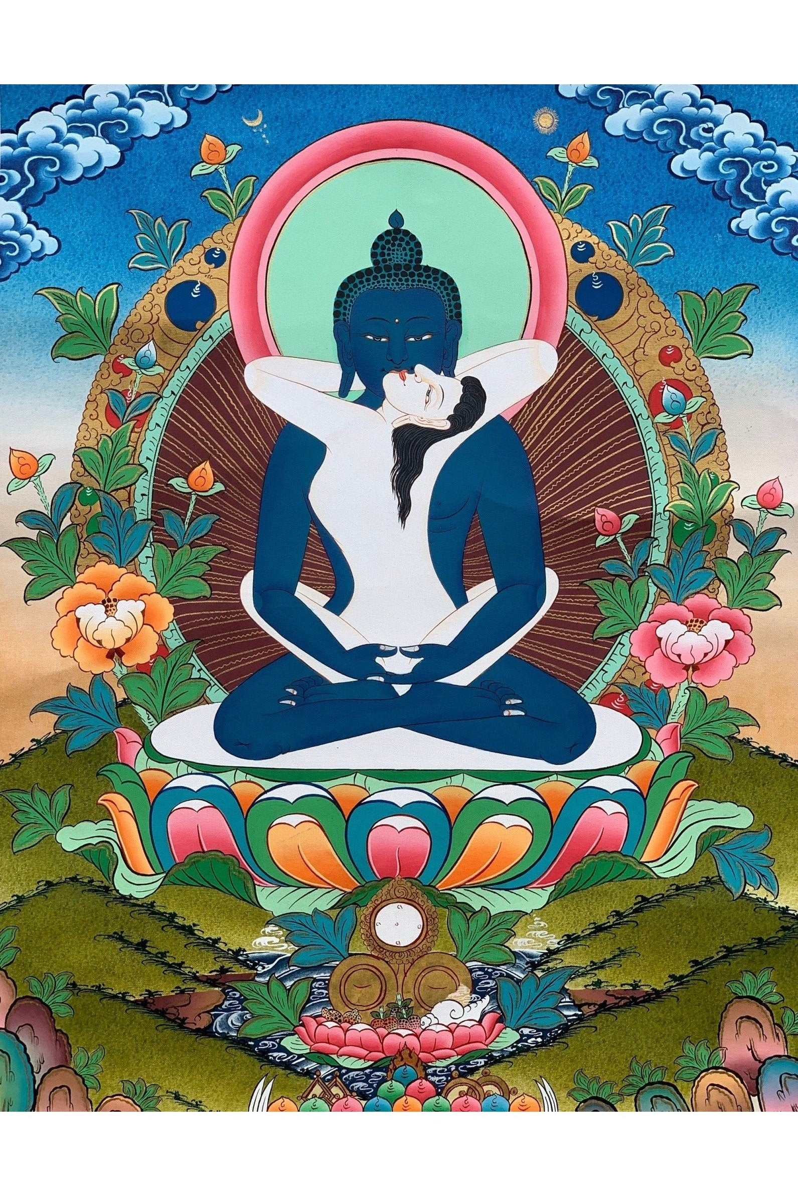 Buddha Shakti/ Bodhisattva Samantabhadra Masterpiece Tibetan Thangka Painting, Original Art with Premium Silk Brocade - Tibetan Thangka Art