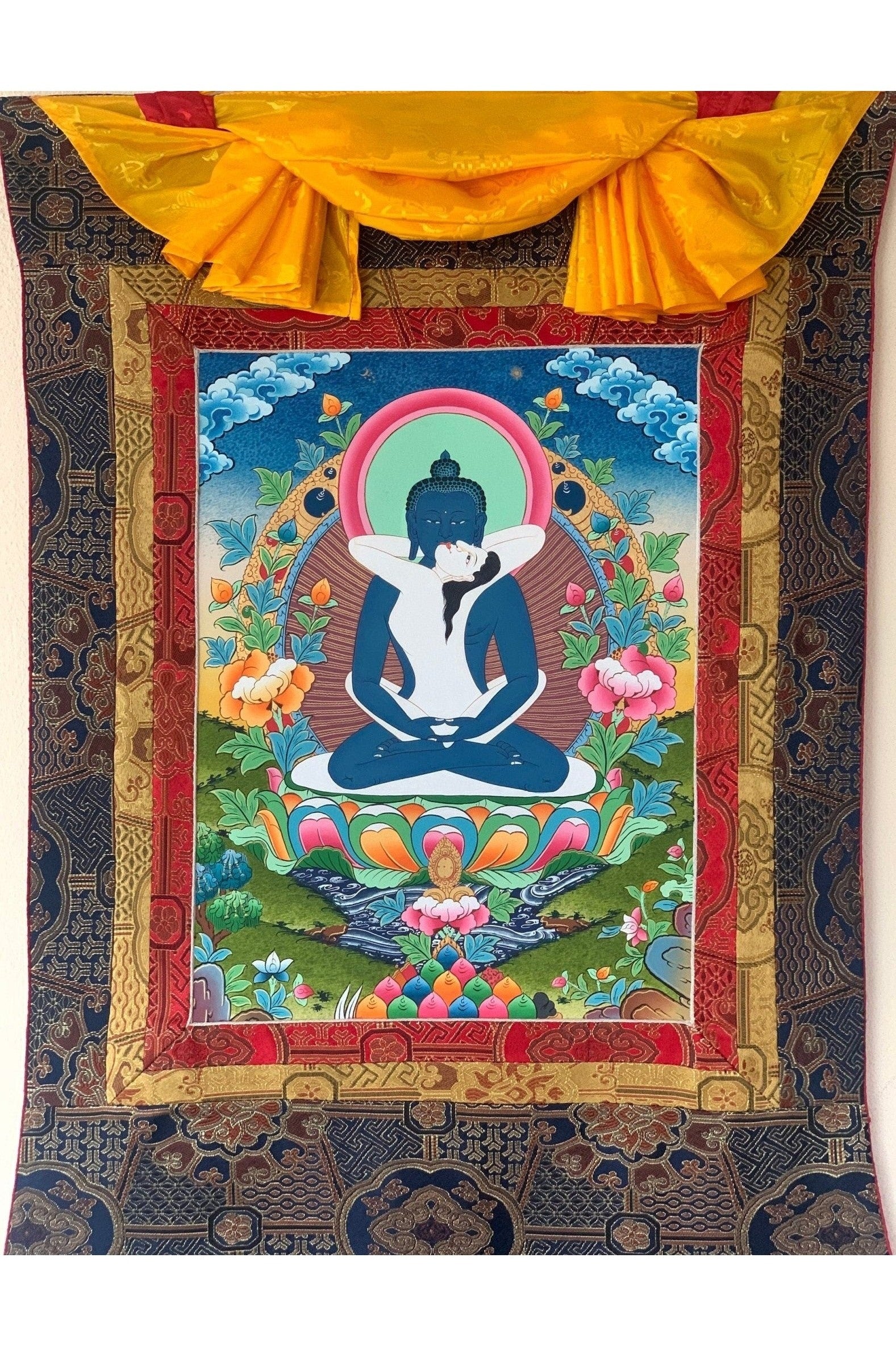 Buddha Shakti/ Bodhisattva Samantabhadra Masterpiece Tibetan Thangka Painting, Original Art with Premium Silk Brocade - Tibetan Thangka Art
