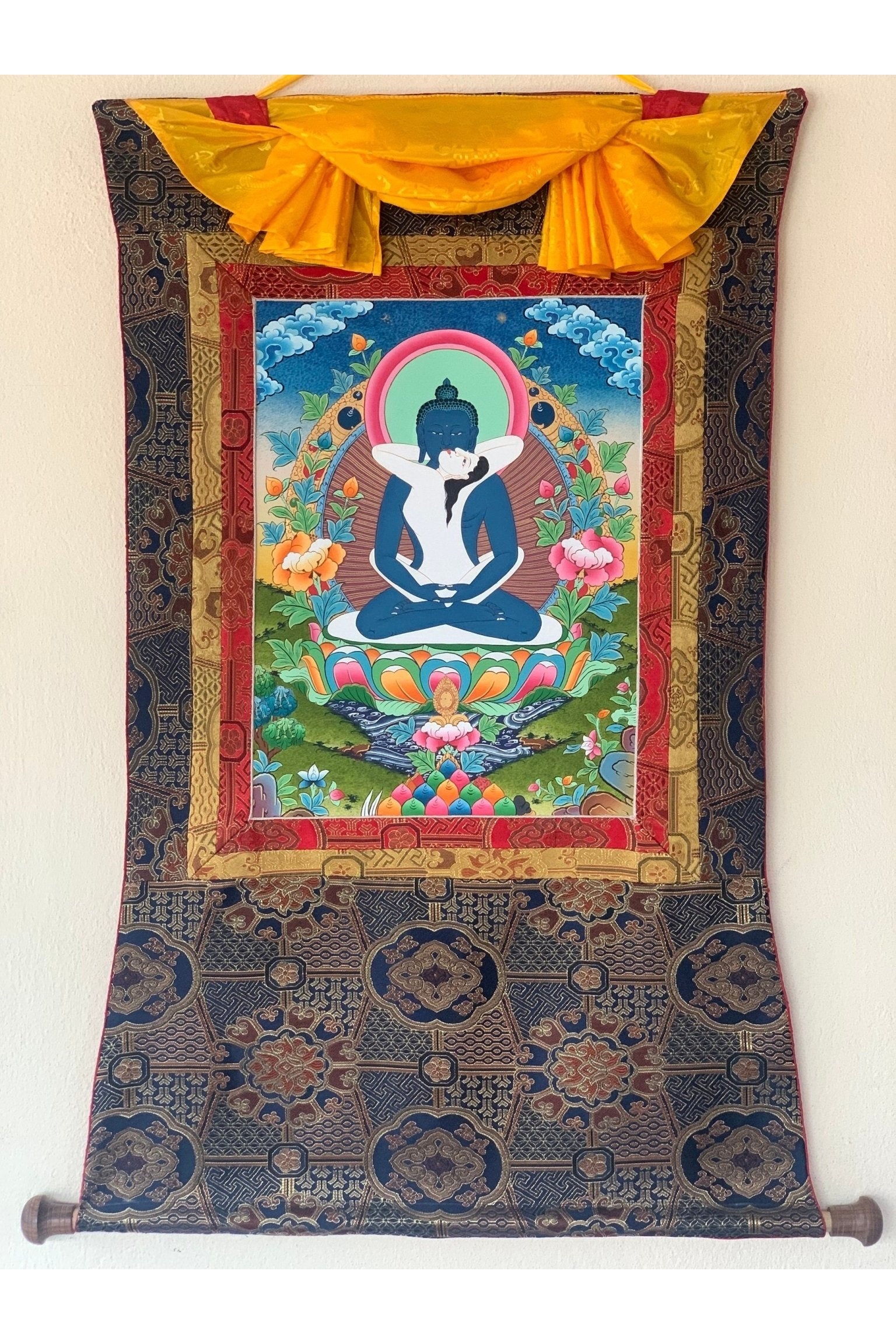 Buddha Shakti/ Bodhisattva Samantabhadra Masterpiece Tibetan Thangka Painting, Original Art with Premium Silk Brocade - Tibetan Thangka Art