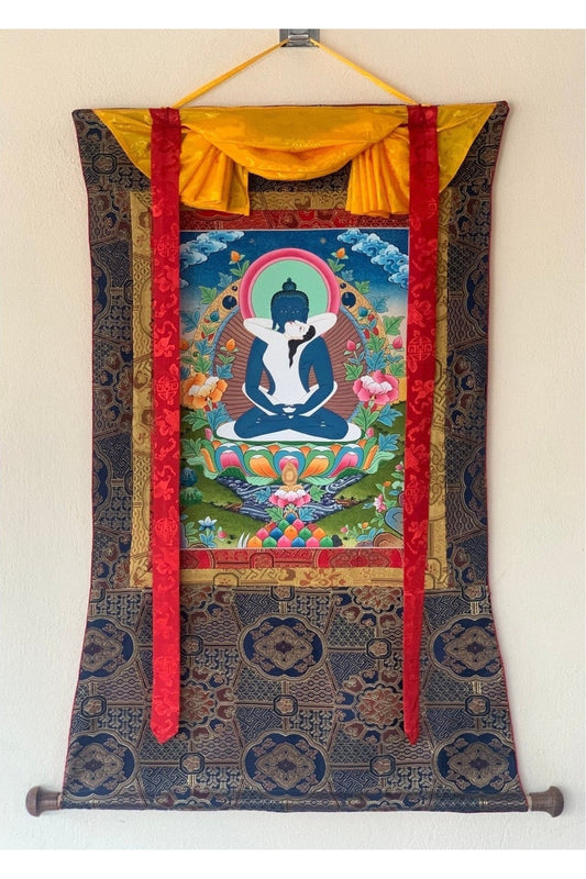 Buddha Shakti/ Bodhisattva Samantabhadra Masterpiece Tibetan Thangka Painting, Original Art with Premium Silk Brocade - Tibetan Thangka Art