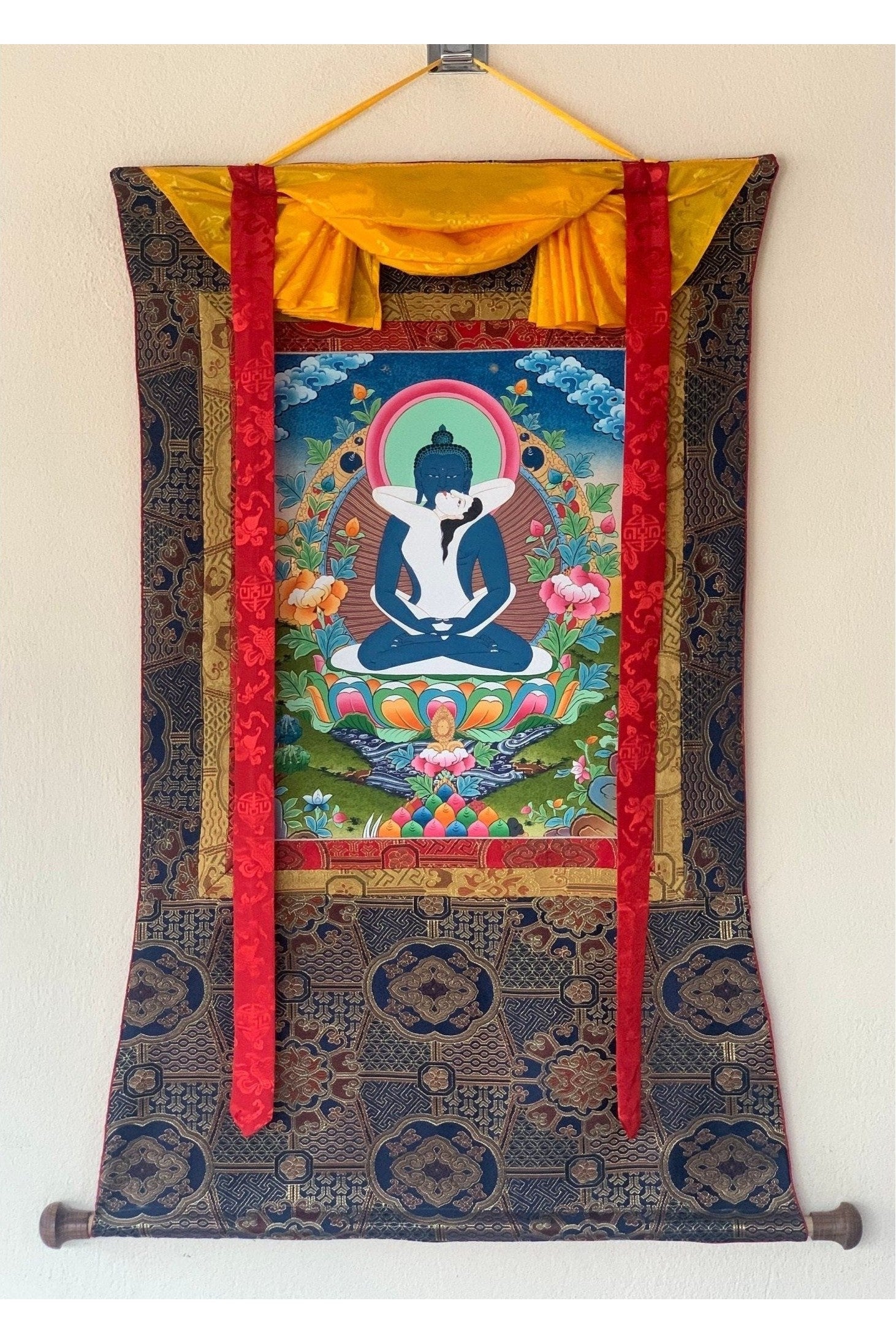 Buddha Shakti/ Bodhisattva Samantabhadra Masterpiece Tibetan Thangka Painting, Original Art with Premium Silk Brocade - Tibetan Thangka Art
