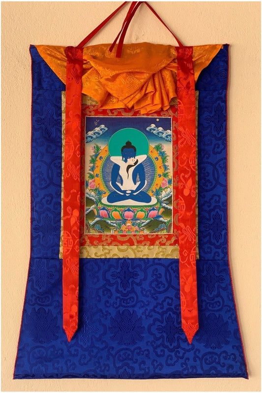 Buddha Shakti, Samantabhadra Bodhisattva, Tibetan Thangka Painting, Original Art with Silk Frame ( Brocade) - Tibetan Thangka Art