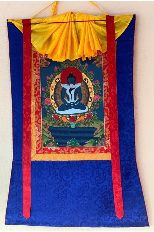 Buddha Shakti, Samantabhadra, Tibetan Thangka Painting, Original Art with Silk Brocade - Tibetan Thangka Art