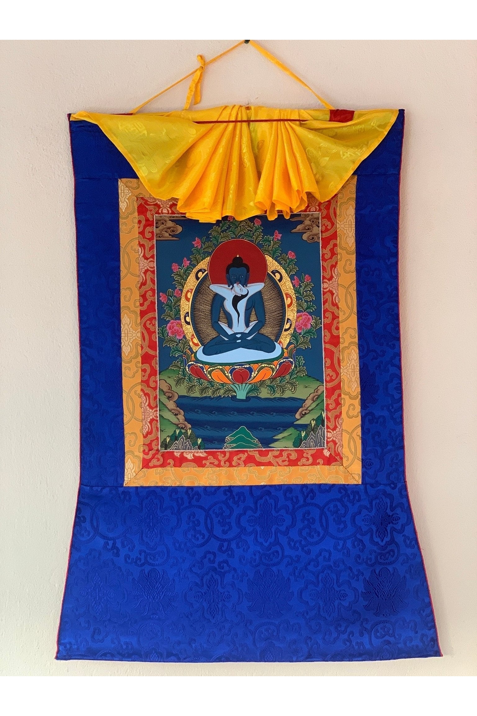 Buddha Shakti, Samantabhadra, Tibetan Thangka Painting, Original Art with Silk Brocade - Tibetan Thangka Art