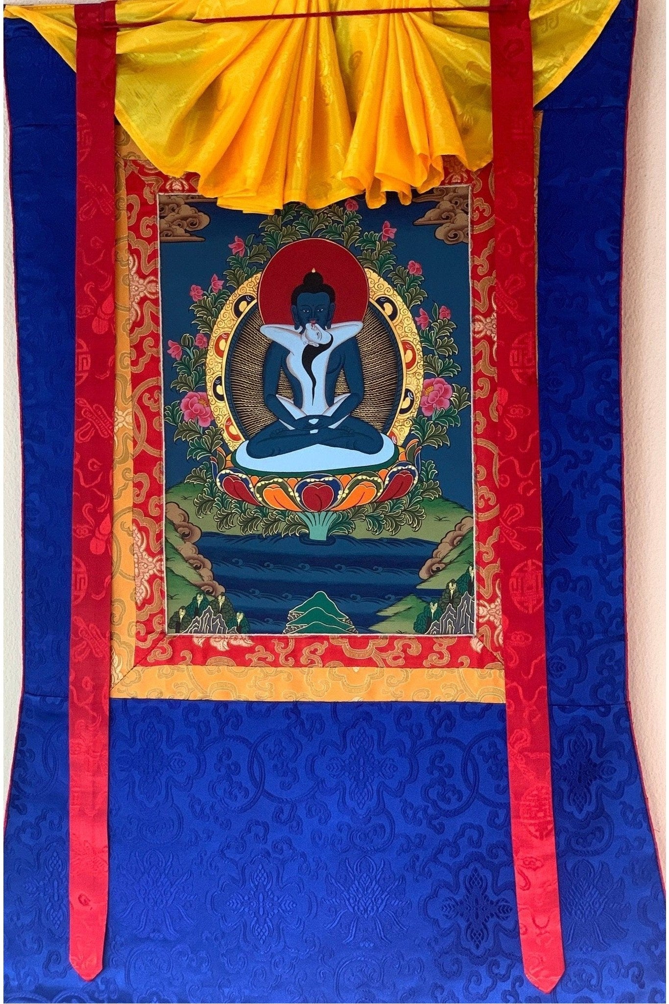 Buddha Shakti, Samantabhadra, Tibetan Thangka Painting, Original Art with Silk Brocade - Tibetan Thangka Art