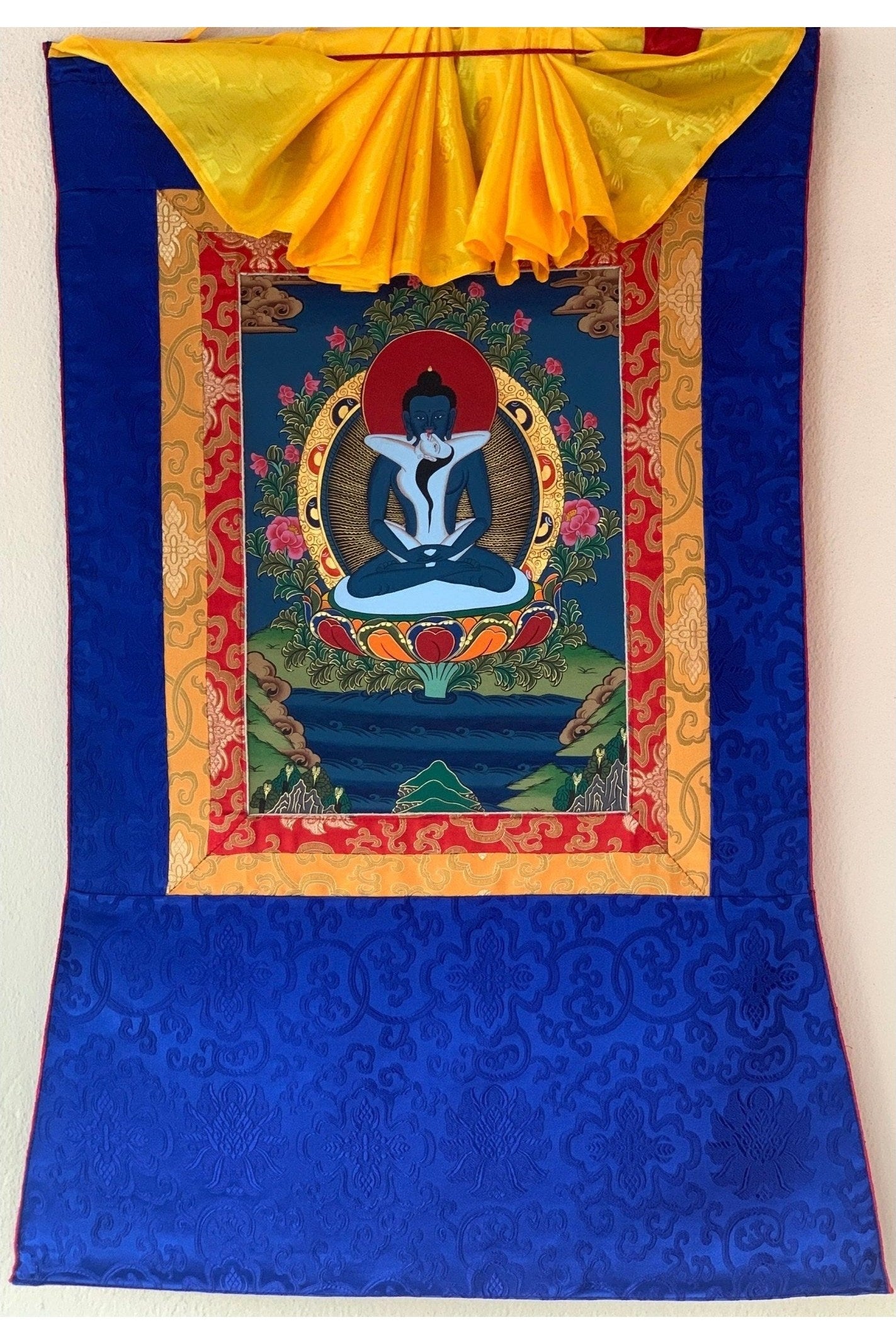 Buddha Shakti, Samantabhadra, Tibetan Thangka Painting, Original Art with Silk Brocade - Tibetan Thangka Art