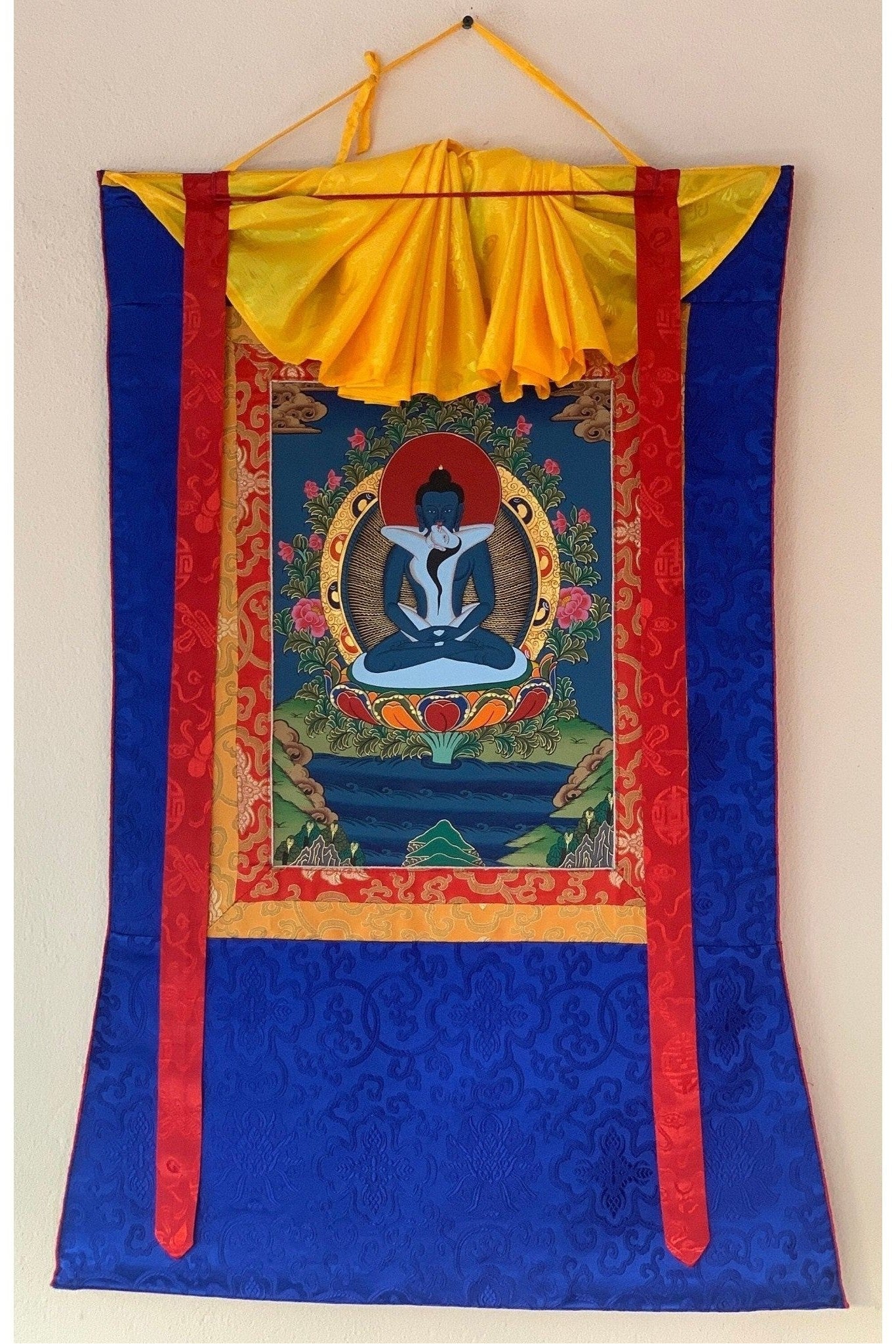 Buddha Shakti, Samantabhadra, Tibetan Thangka Painting, Original Art with Silk Brocade - Tibetan Thangka Art