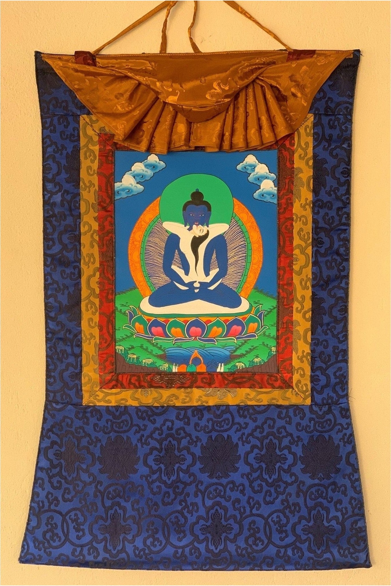 Buddha Shakti, Samantabhadra, Tibetan Thangka Painting, Original Art with Silk Frame ( Brocade) - Tibetan Thangka Art