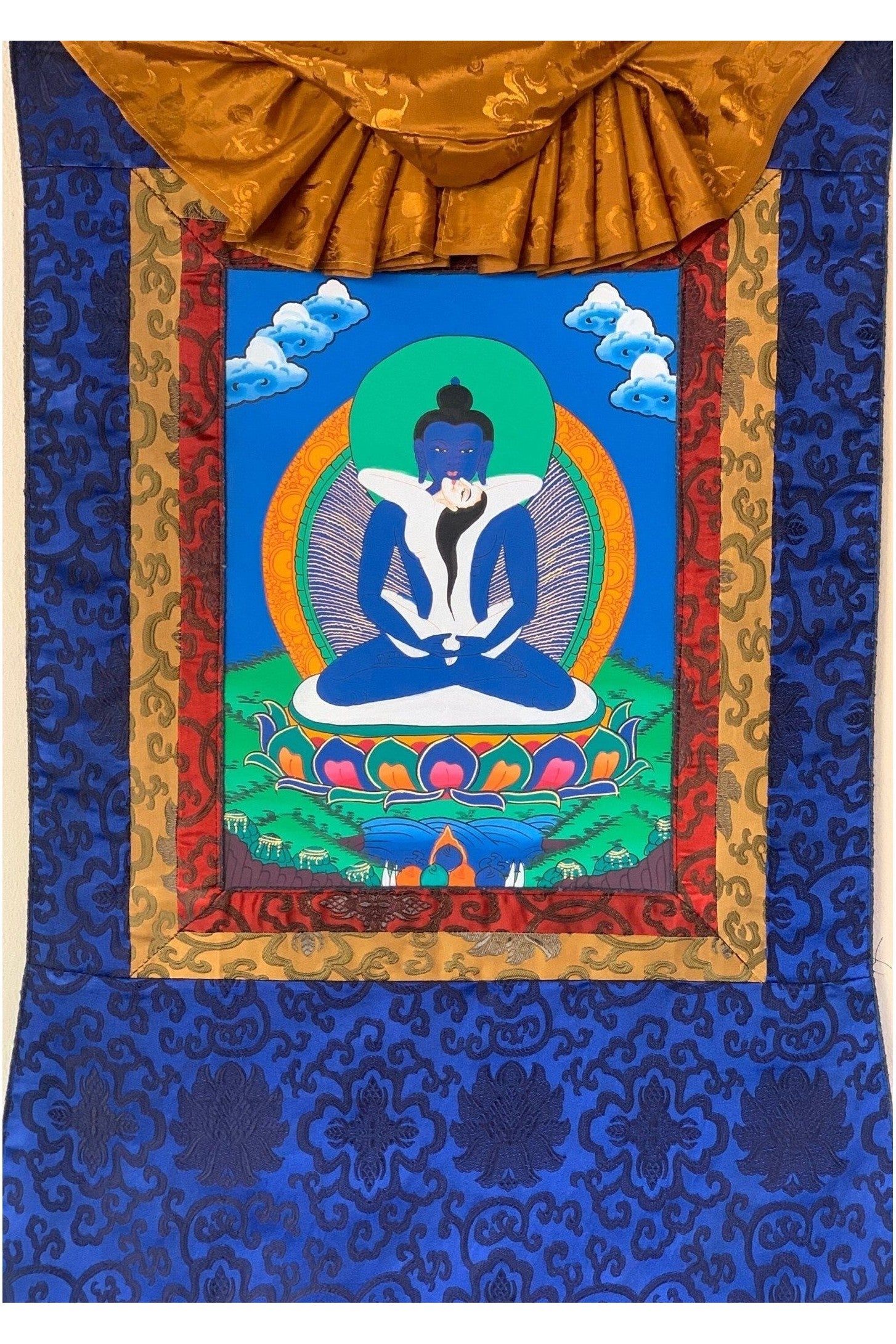 Buddha Shakti, Samantabhadra, Tibetan Thangka Painting, Original Art with Silk Frame ( Brocade) - Tibetan Thangka Art