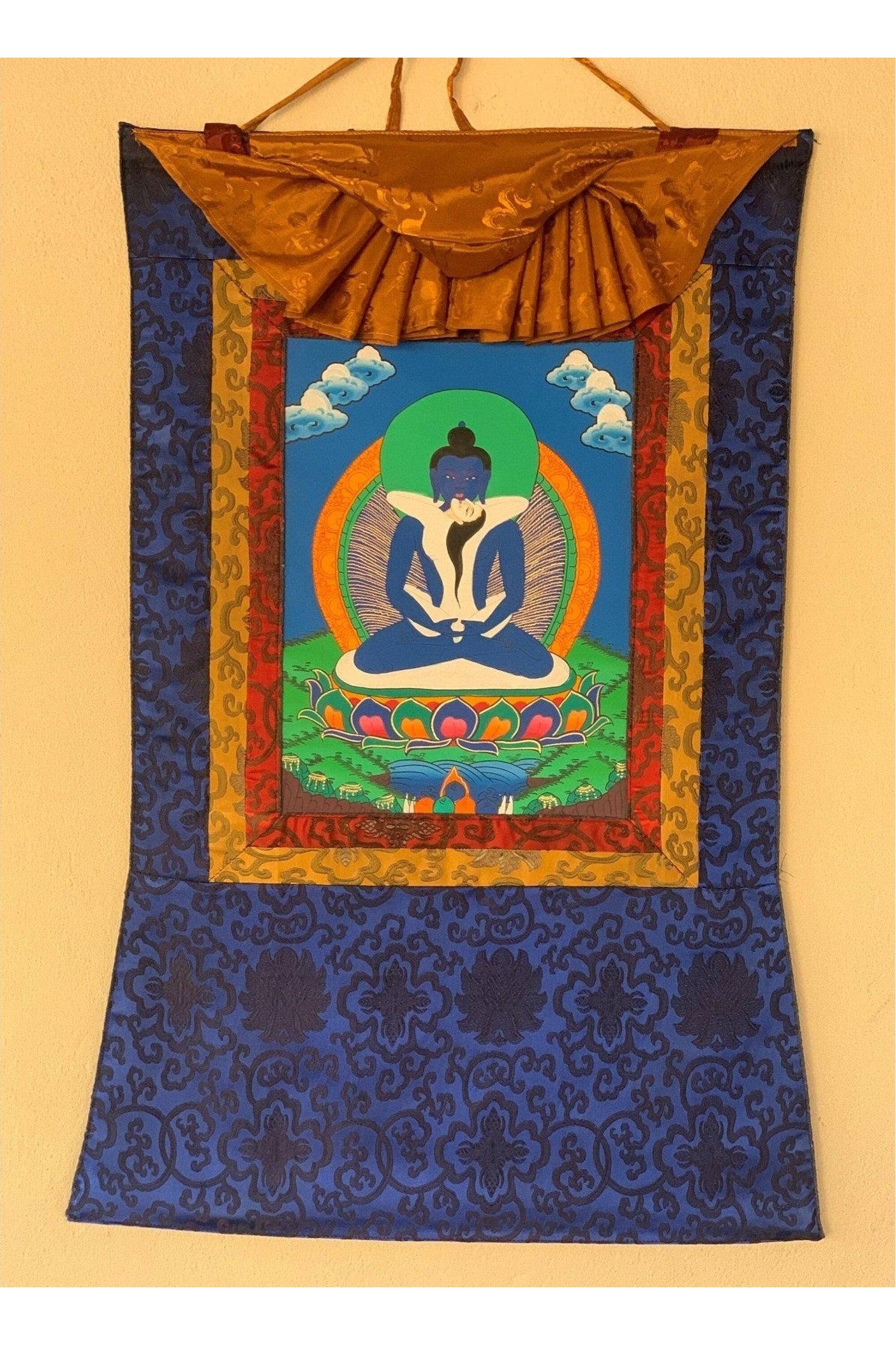 Buddha Shakti, Samantabhadra, Tibetan Thangka Painting, Original Art with Silk Frame ( Brocade) - Tibetan Thangka Art