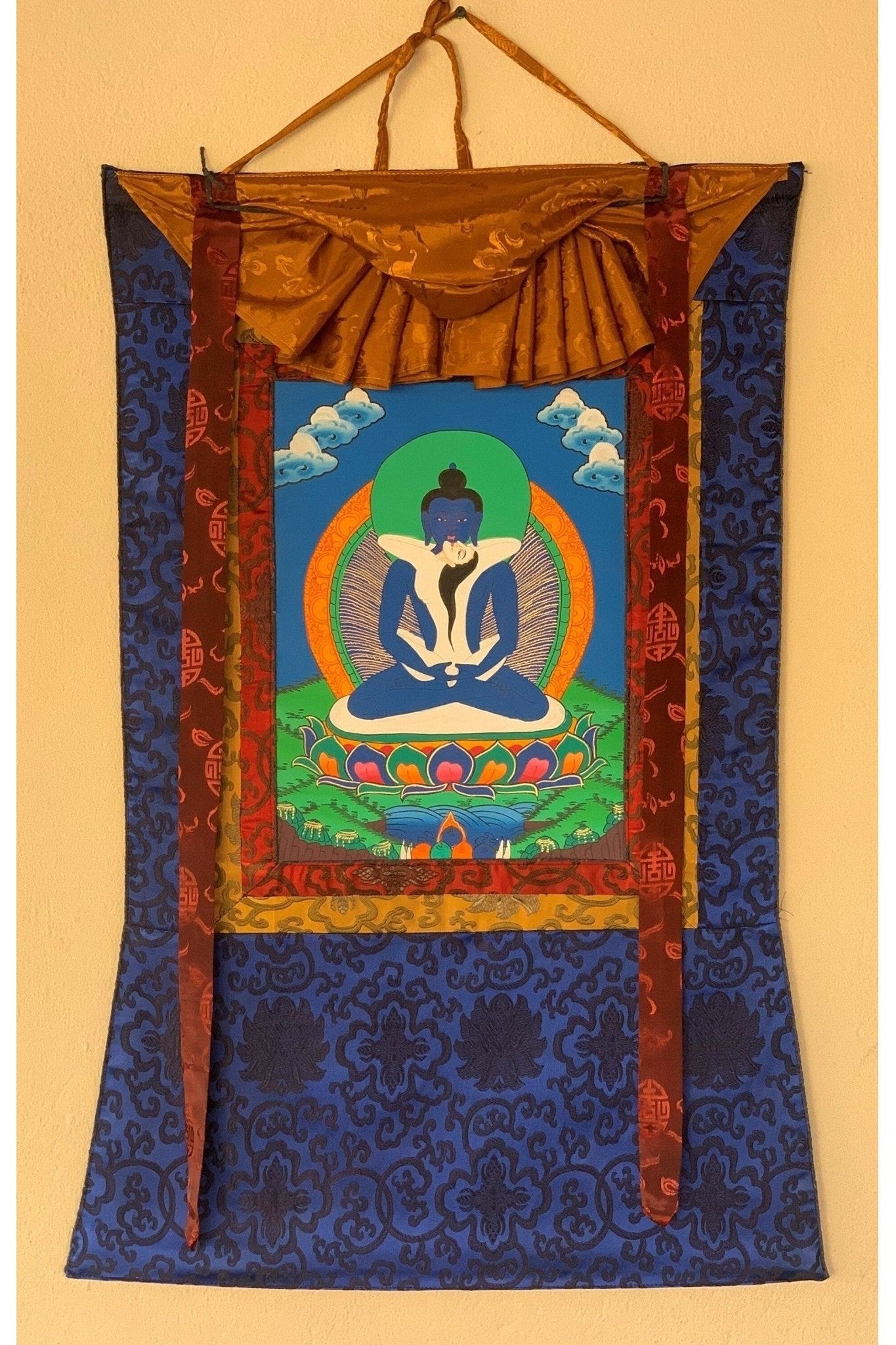 Buddha Shakti, Samantabhadra, Tibetan Thangka Painting, Original Art with Silk Frame ( Brocade) - Tibetan Thangka Art