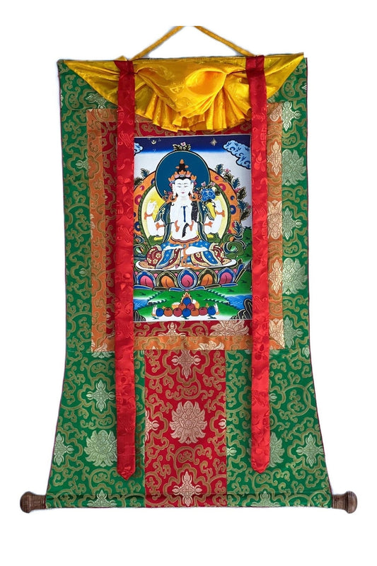 Chaturbhuja ( Four - Armed) Avalokiteshvara/ Chyangresi/ Chenrezig, Original Tibetan Thangka Painting/Hand Painting with Silk Brocade - Tibetan Thangka Art