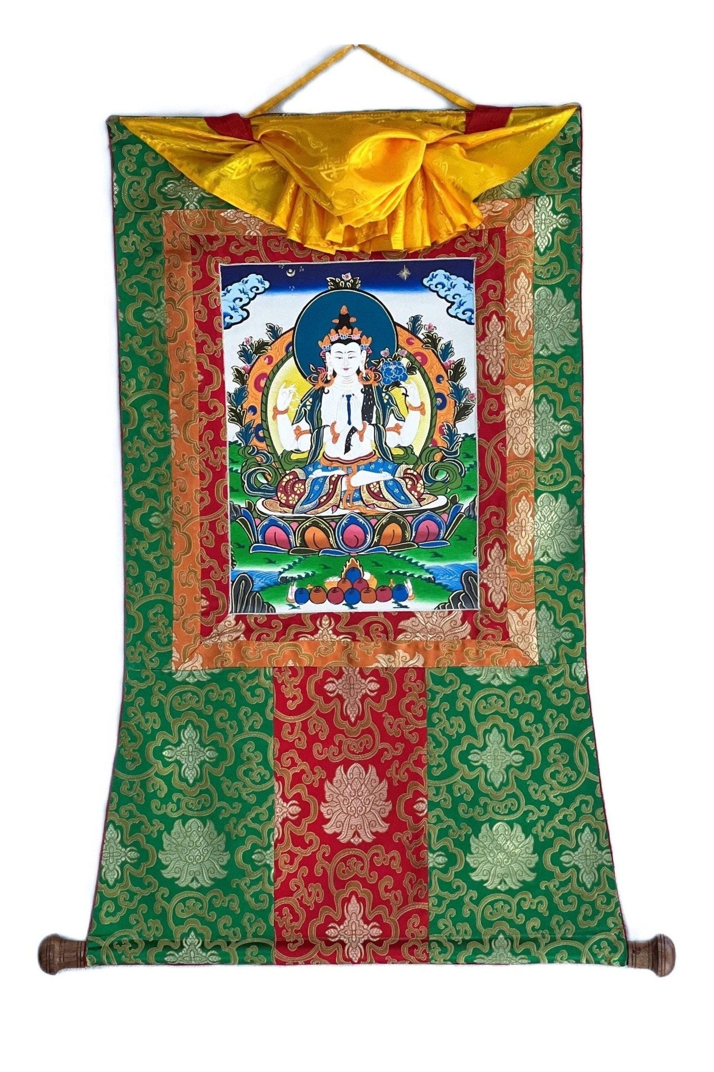 Chaturbhuja ( Four - Armed) Avalokiteshvara/ Chyangresi/ Chenrezig, Original Tibetan Thangka Painting/Hand Painting with Silk Brocade - Tibetan Thangka Art