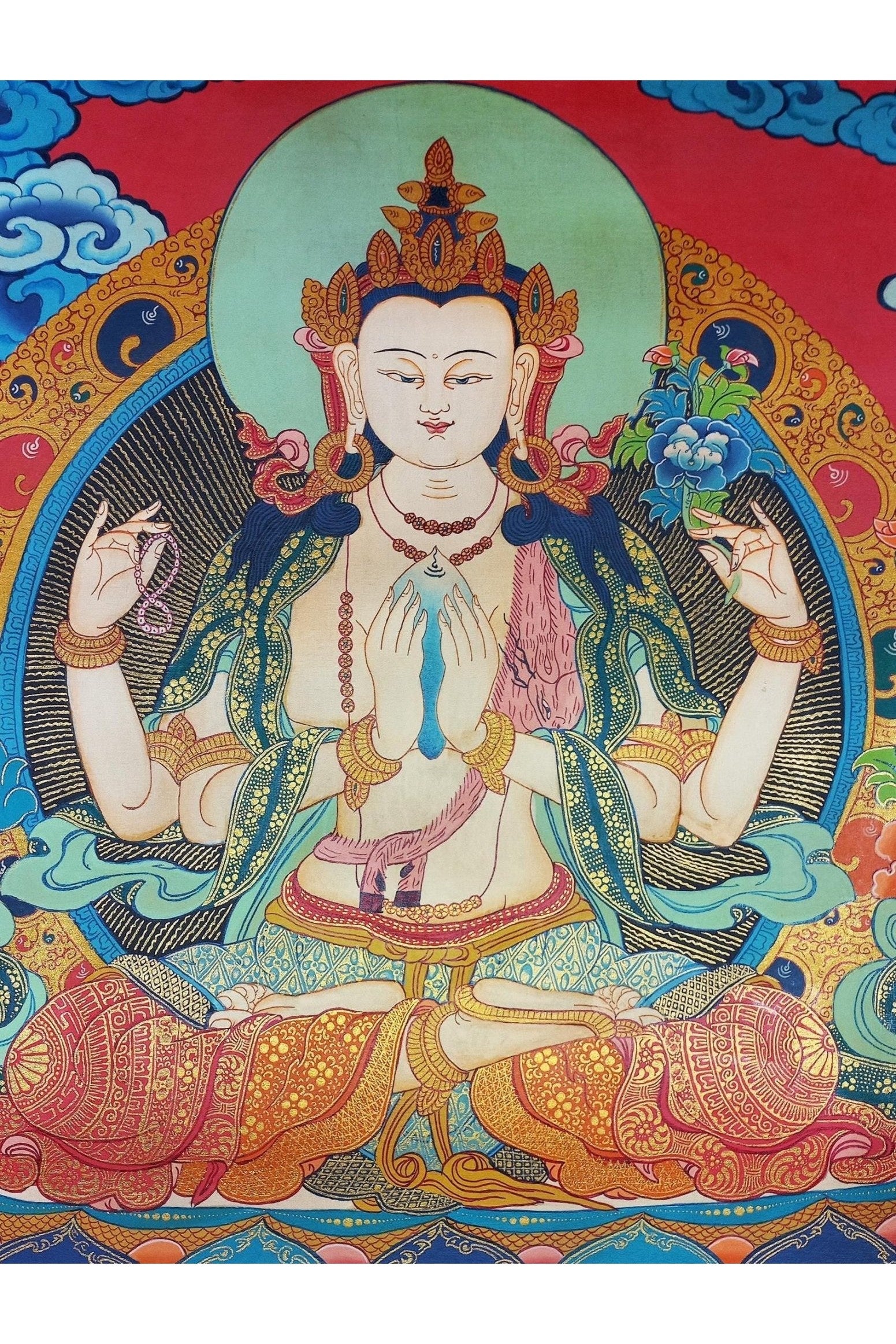Chenrezig (Avalokiteshvara) Bodhisattva of Compassion Smoky Tibetan Thangka Painting | Hand - Painted Masterpiece | Buddhist Art from Nepal - Tibetan Thangka Art