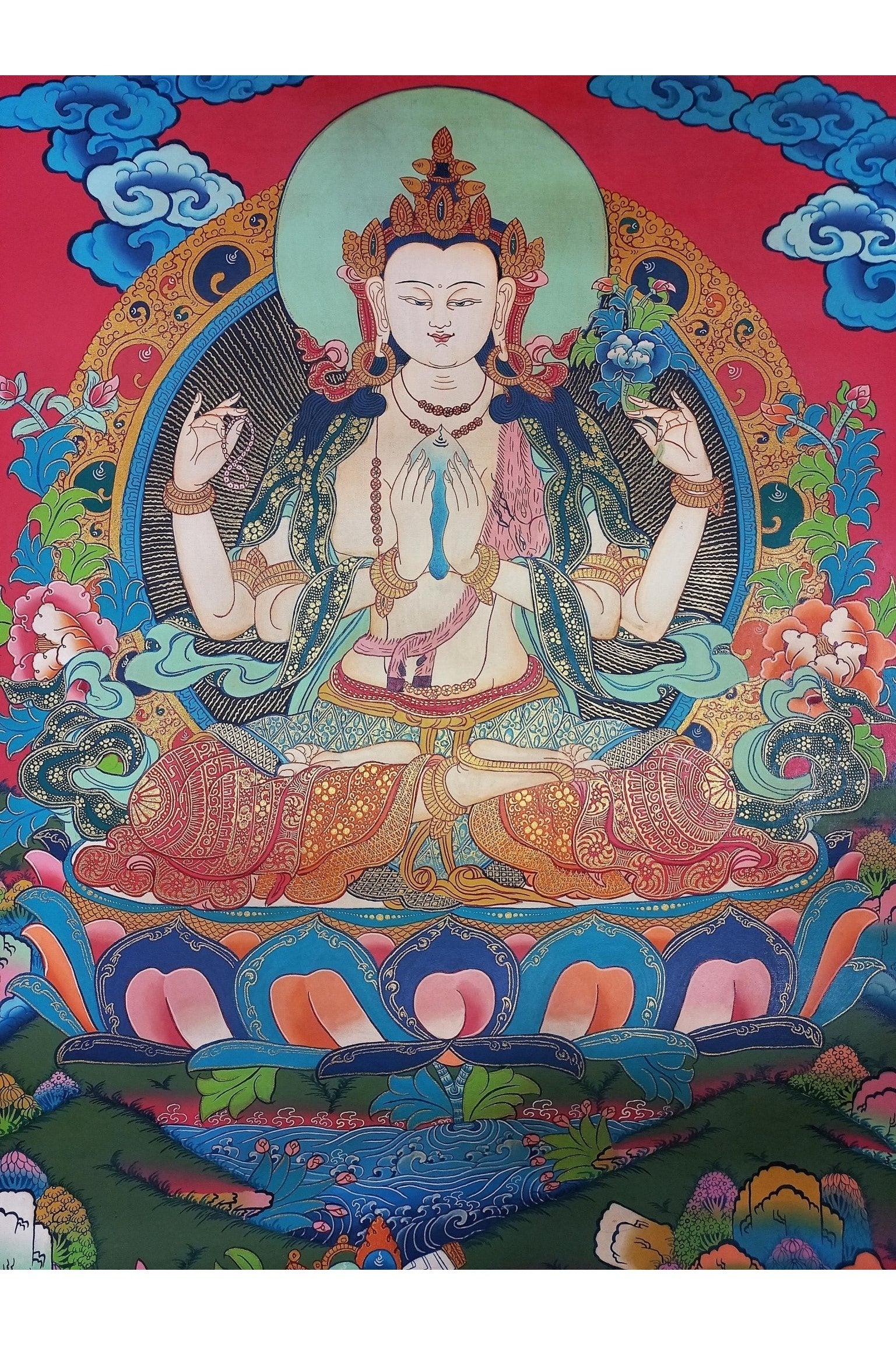 Chenrezig (Avalokiteshvara) Bodhisattva of Compassion Smoky Tibetan Thangka Painting | Hand - Painted Masterpiece | Buddhist Art from Nepal - Tibetan Thangka Art